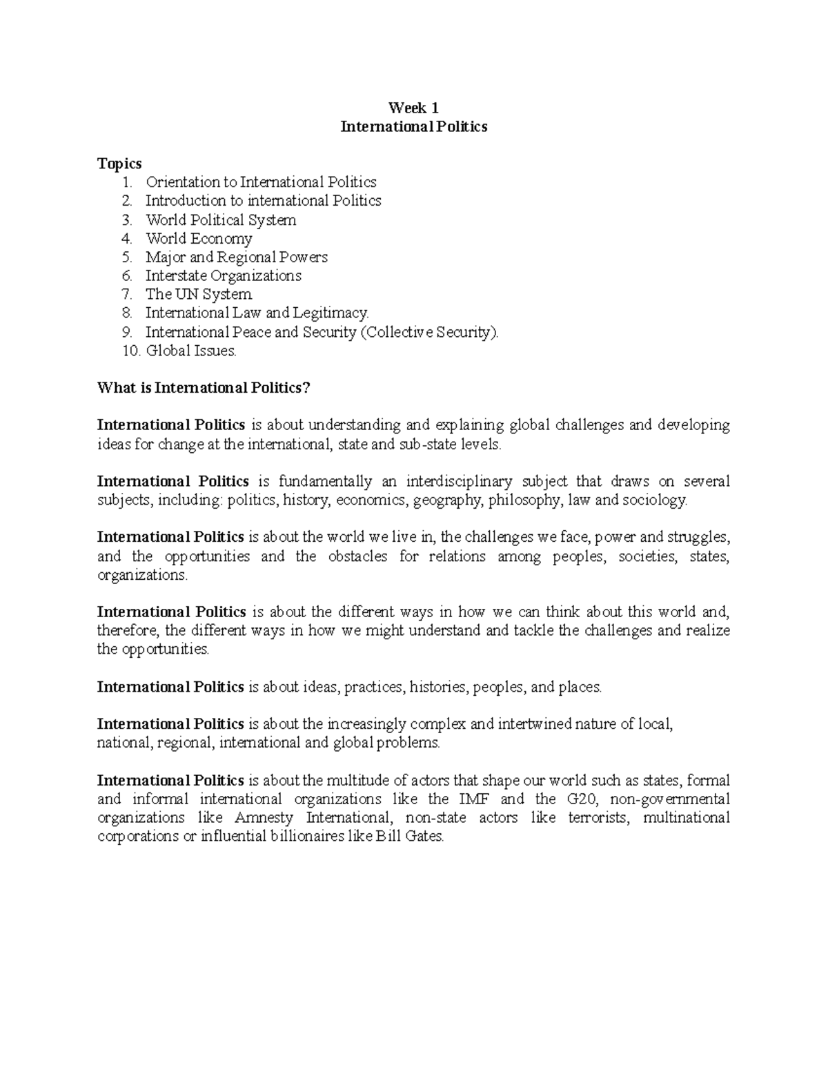 Week 1 revision - IP notes - Week 1 International Politics Topics ...