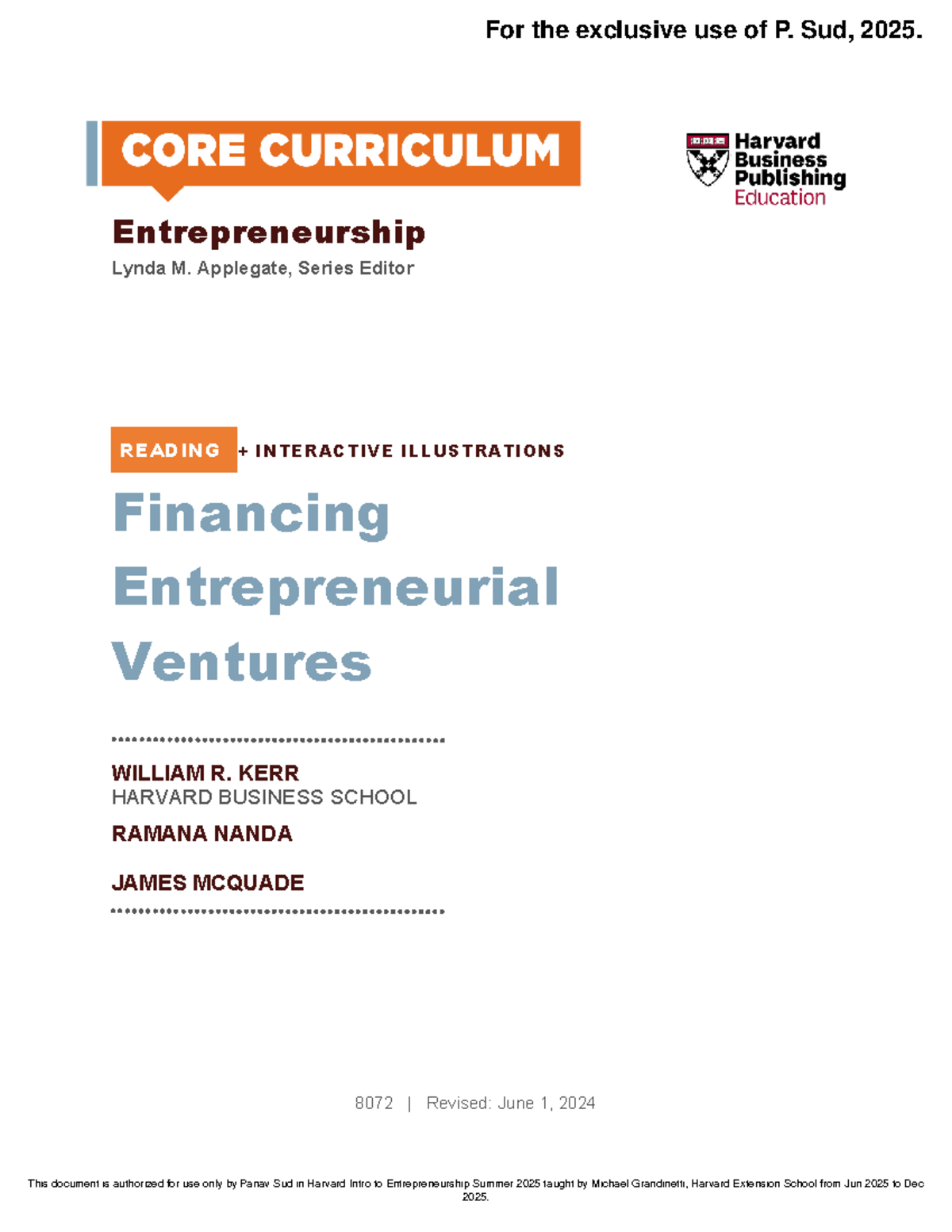 Core Reading: Financing Entrepreneurial Ventures (HBS 8072