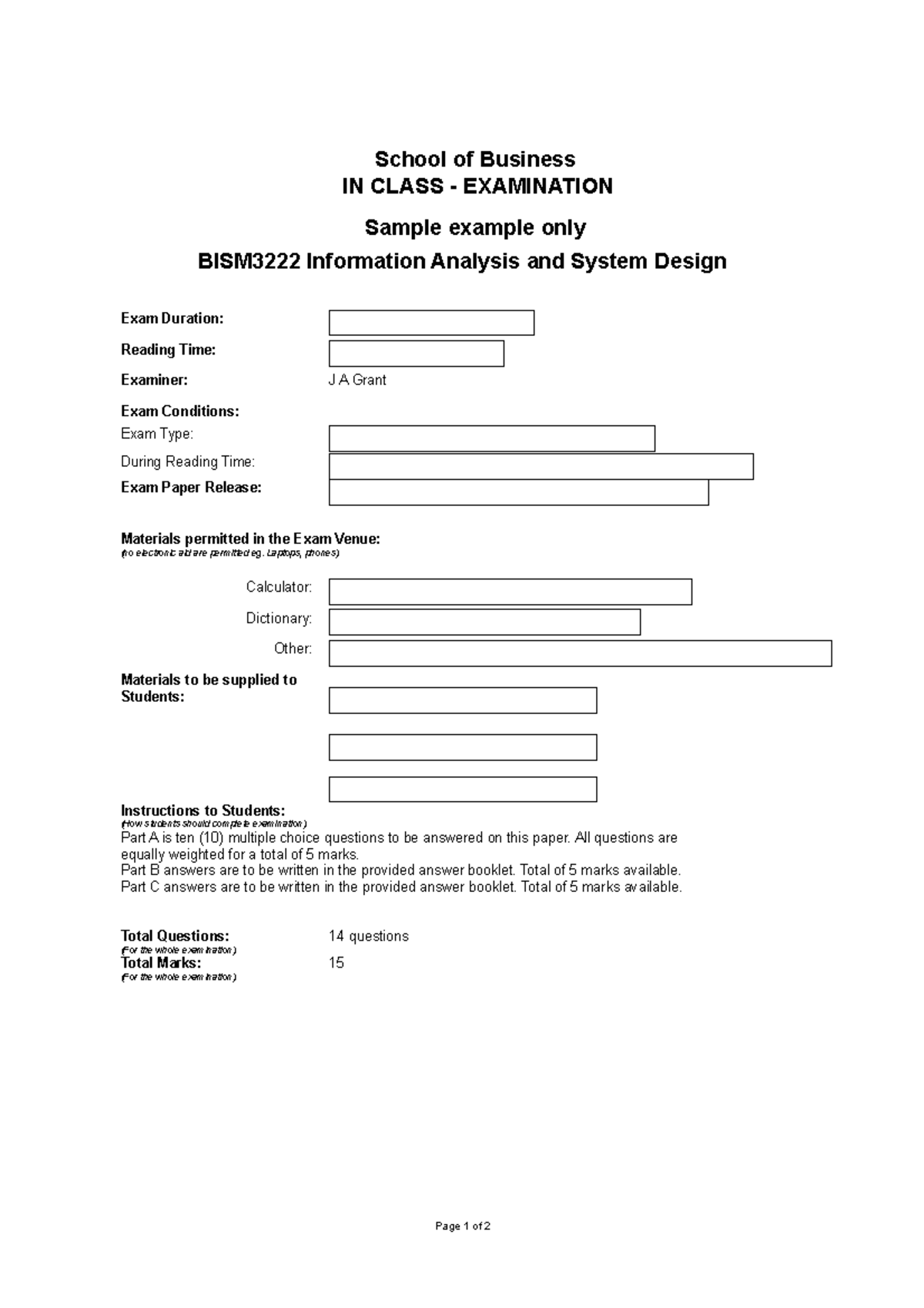 Sample/practice exam - School of Business IN CLASS - EXAMINATION Sample ...