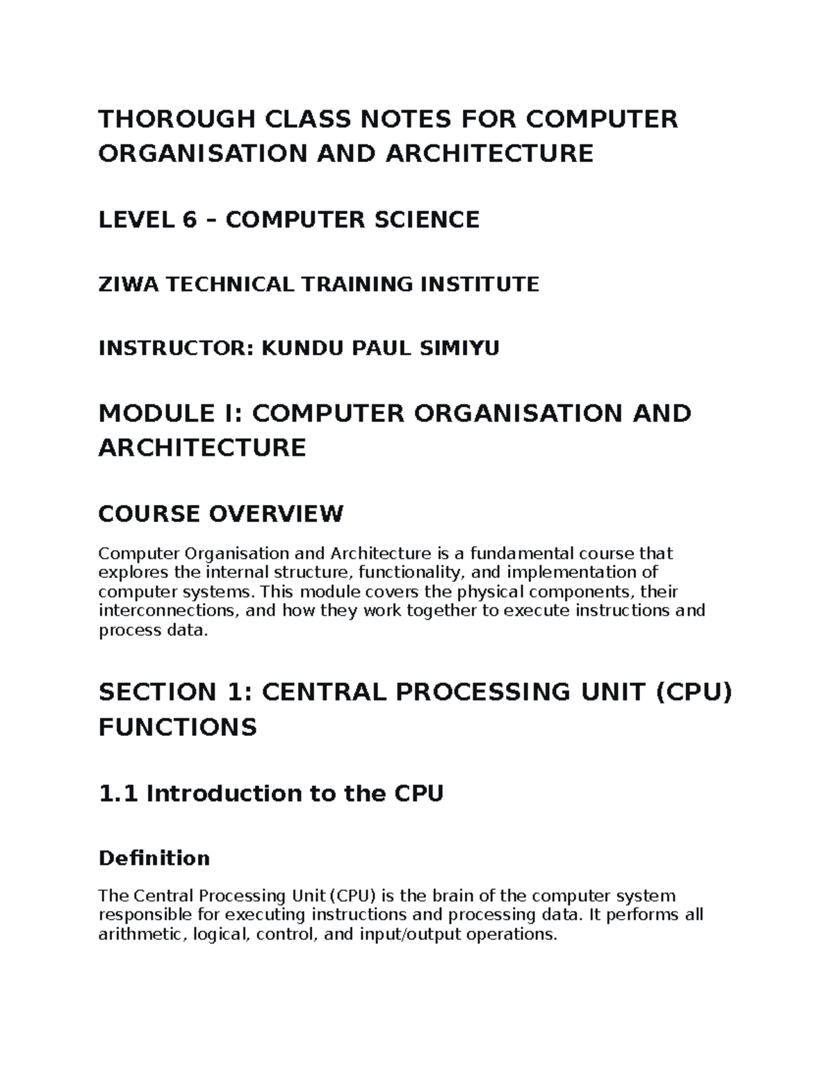 Class Notes for Computer Organisation and Architecture Level 6 - Studocu