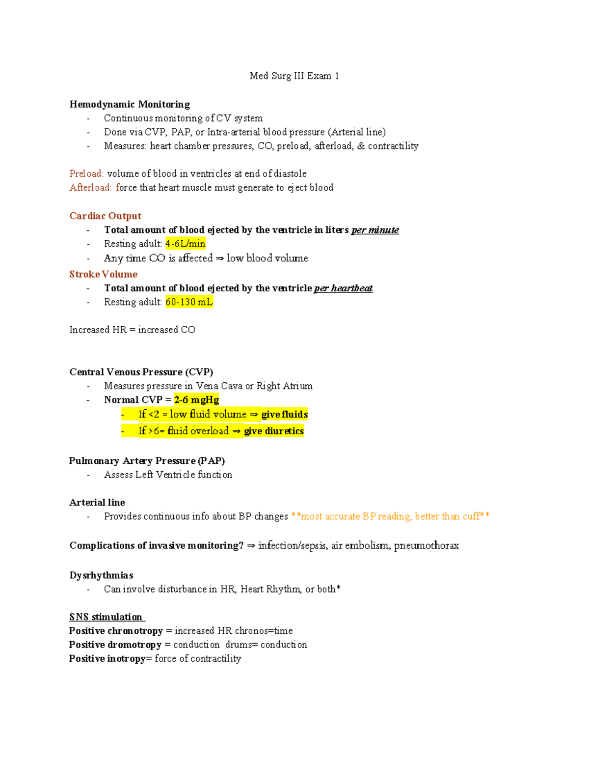 Med Surg III Exam 1 - Exam 1 info - Med Surg III Exam 1 Hemodynamic ...