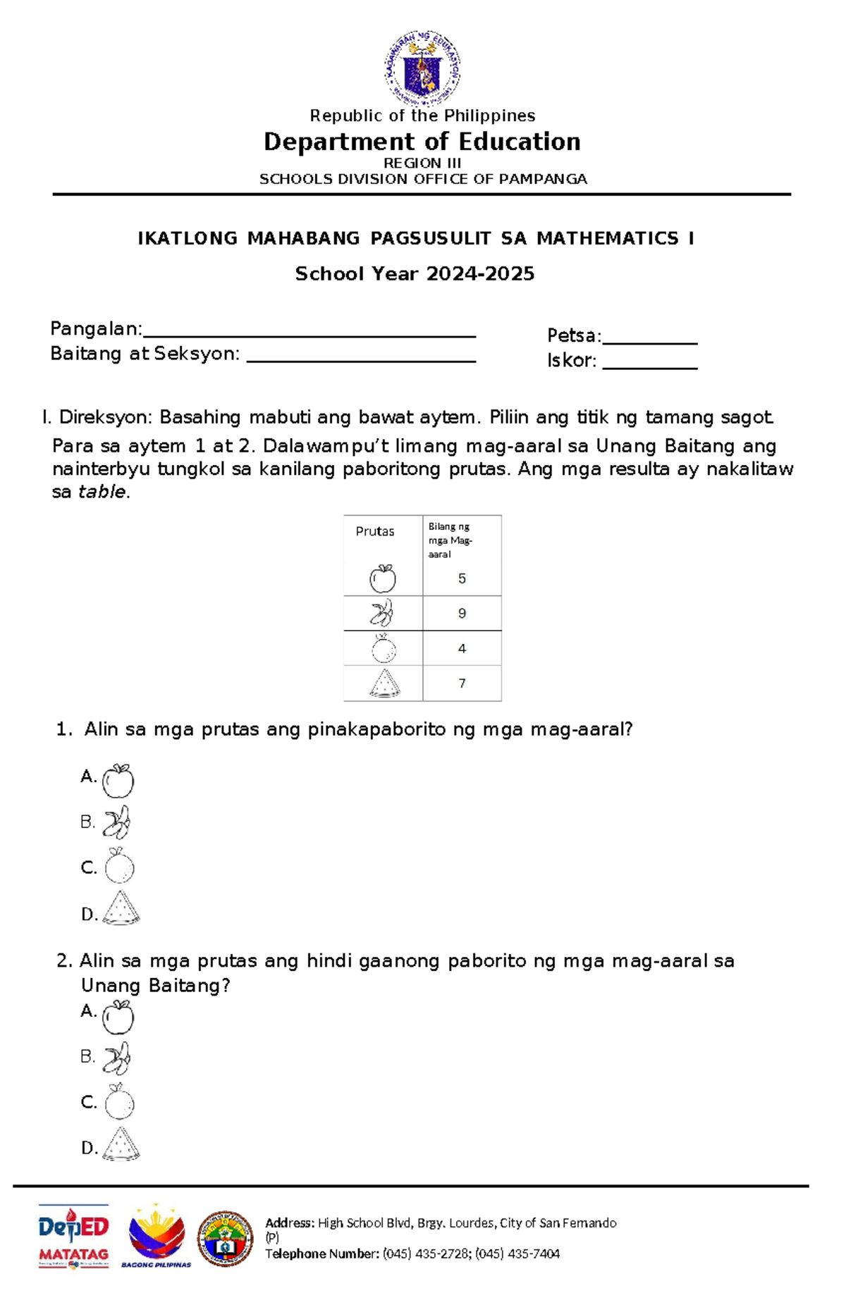 Third Quarter Examination IN Mathematics 1 Tagalog - Bilang ng mga Mag ...