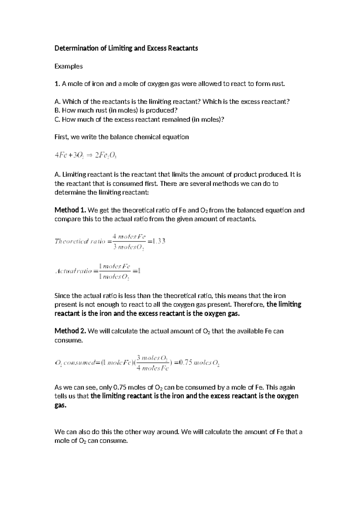 Determination of Limiting and Excess Reactants - Determination of ...