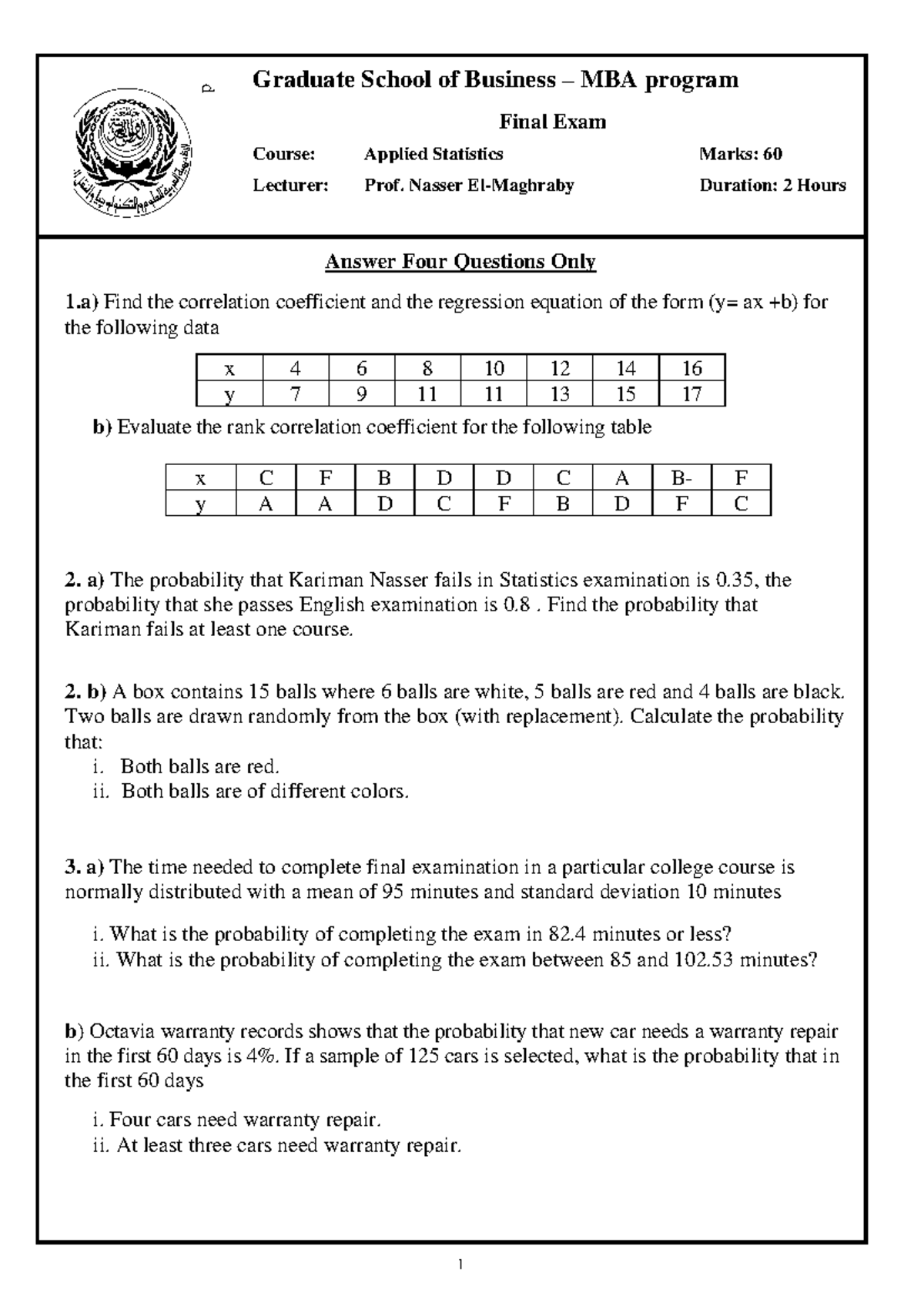 MBA 017 Final Exam: Applied Statistics Questions & Solutions - Studocu