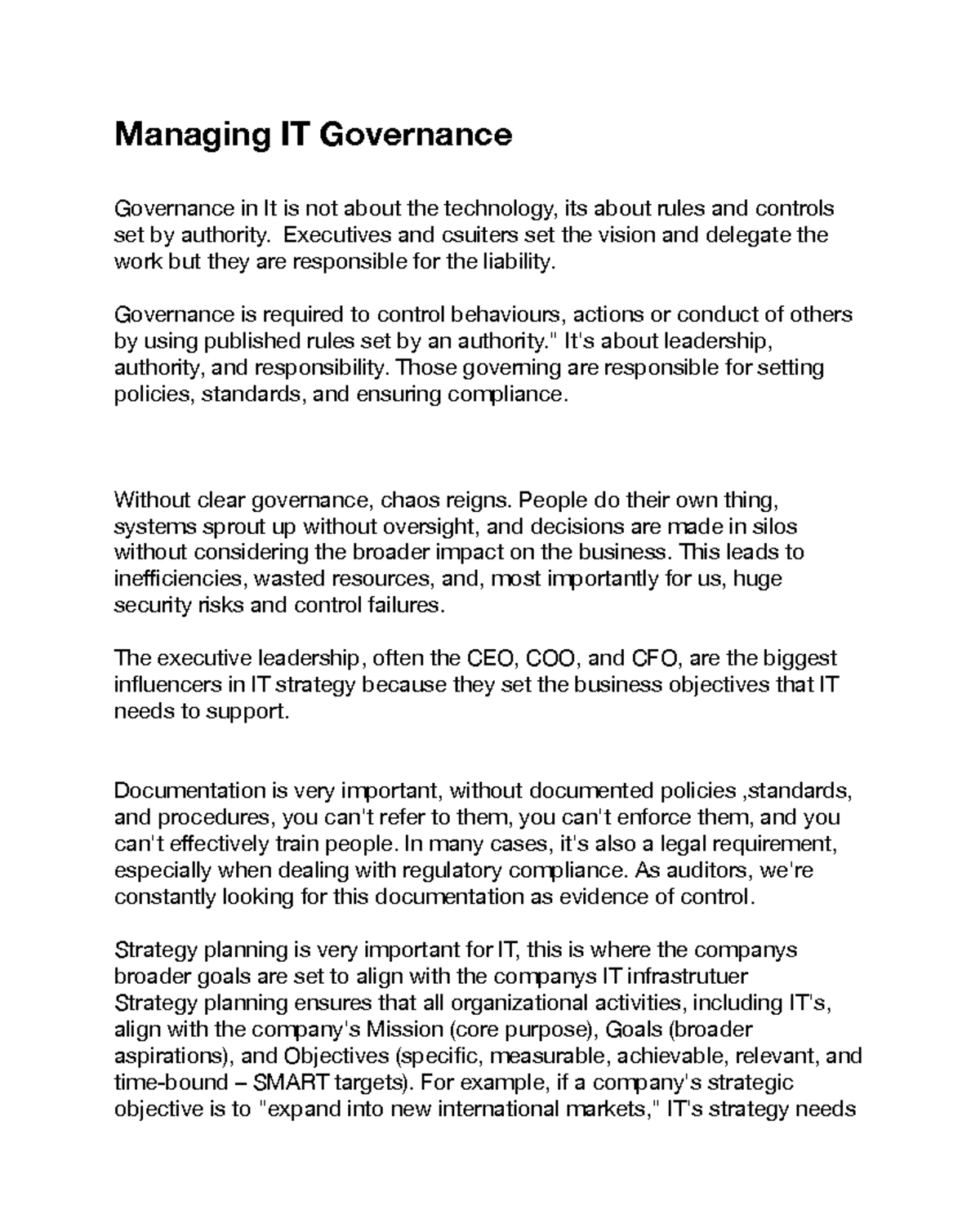 BTM 440 Chapter 4 - IT Governance and Strategic Alignment Notes - Studocu