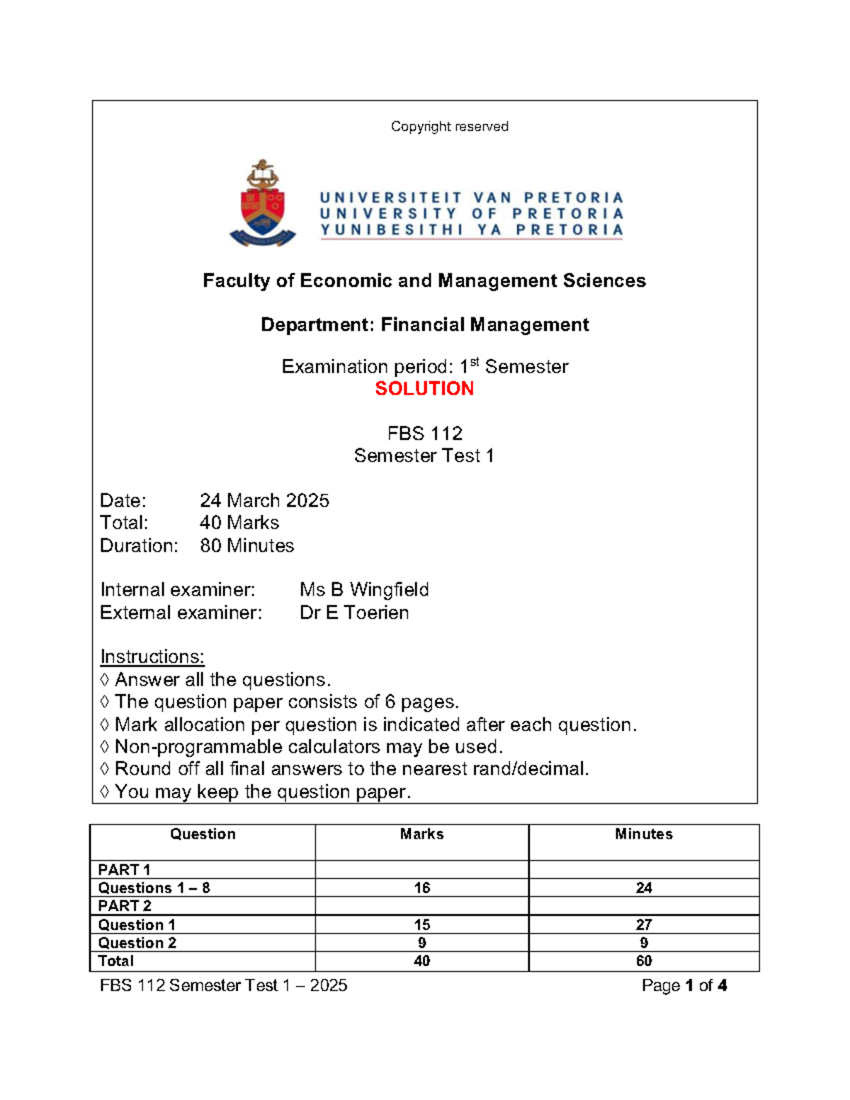 FBS 112 Semester Test 1 Solutions - 1st Semester 2025 - Studocu