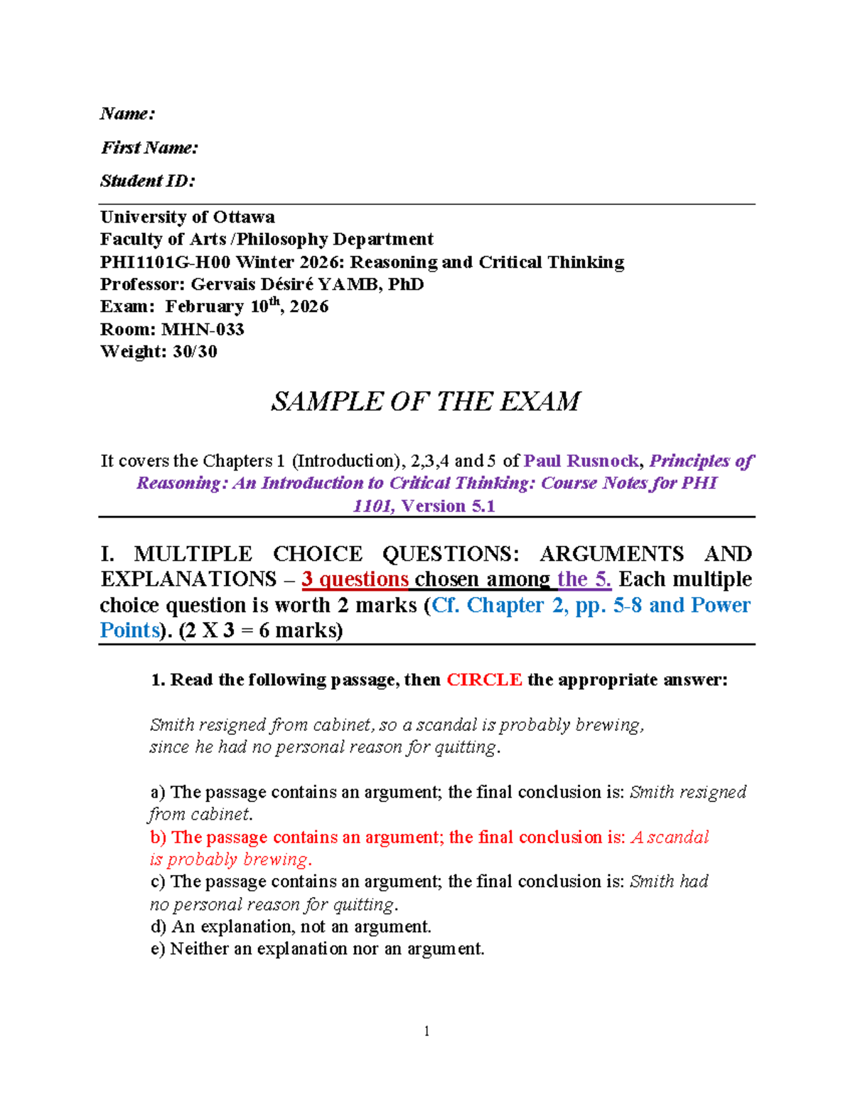 Exam 1 Sample for PHI 1101G-H00: Reasoning & Critical Thinking - Studocu