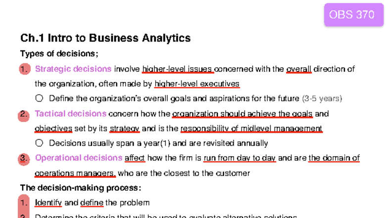 OBS 370 Ch. 1 Summary: Intro to Business Analytics Concepts - Studocu
