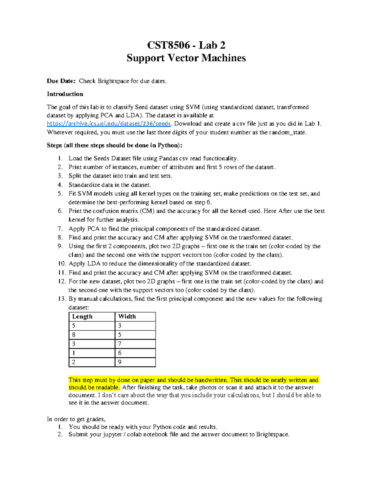 CST8506 Lab 2: Support Vector Machines with PCA and LDA Analysis - Studocu