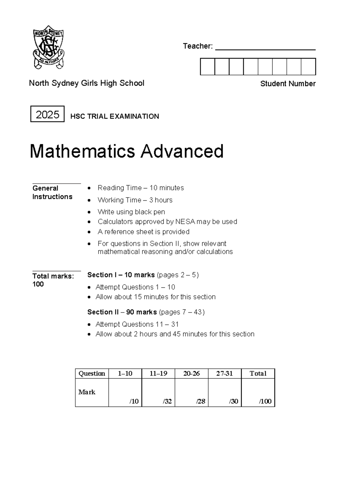 2025 HSC Trial Exam - Mathematics Advanced Questions - Studocu
