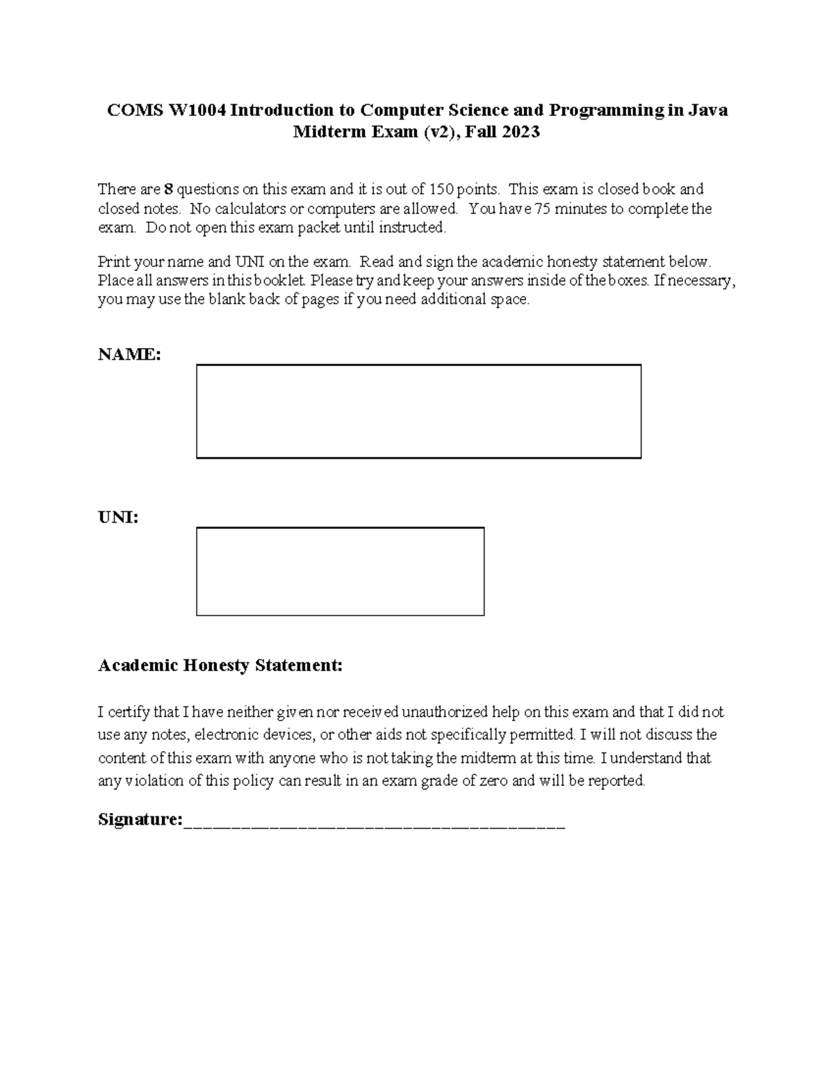 COMS W1004 Java Programming Midterm Exam (v2) - Fall 2023 - Studocu
