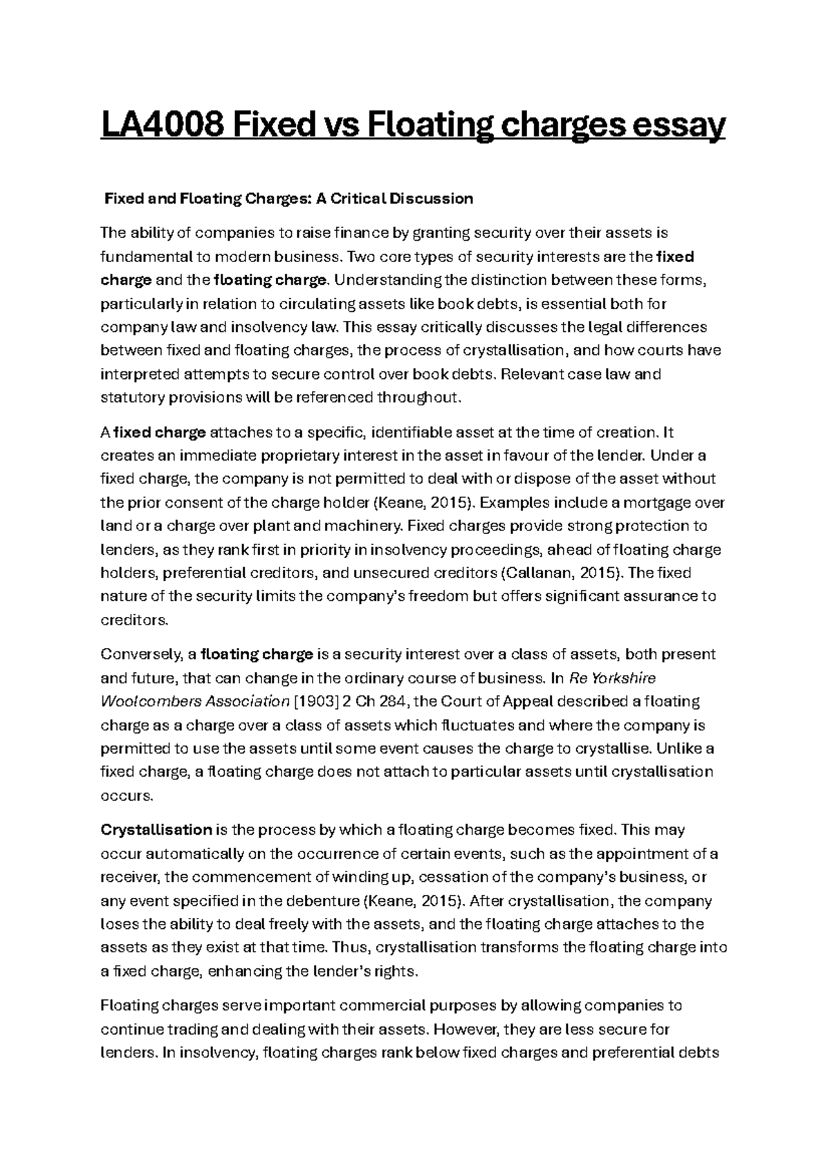 LA4008 Essay on Legal Distinctions: Fixed vs Floating Charges - Studocu