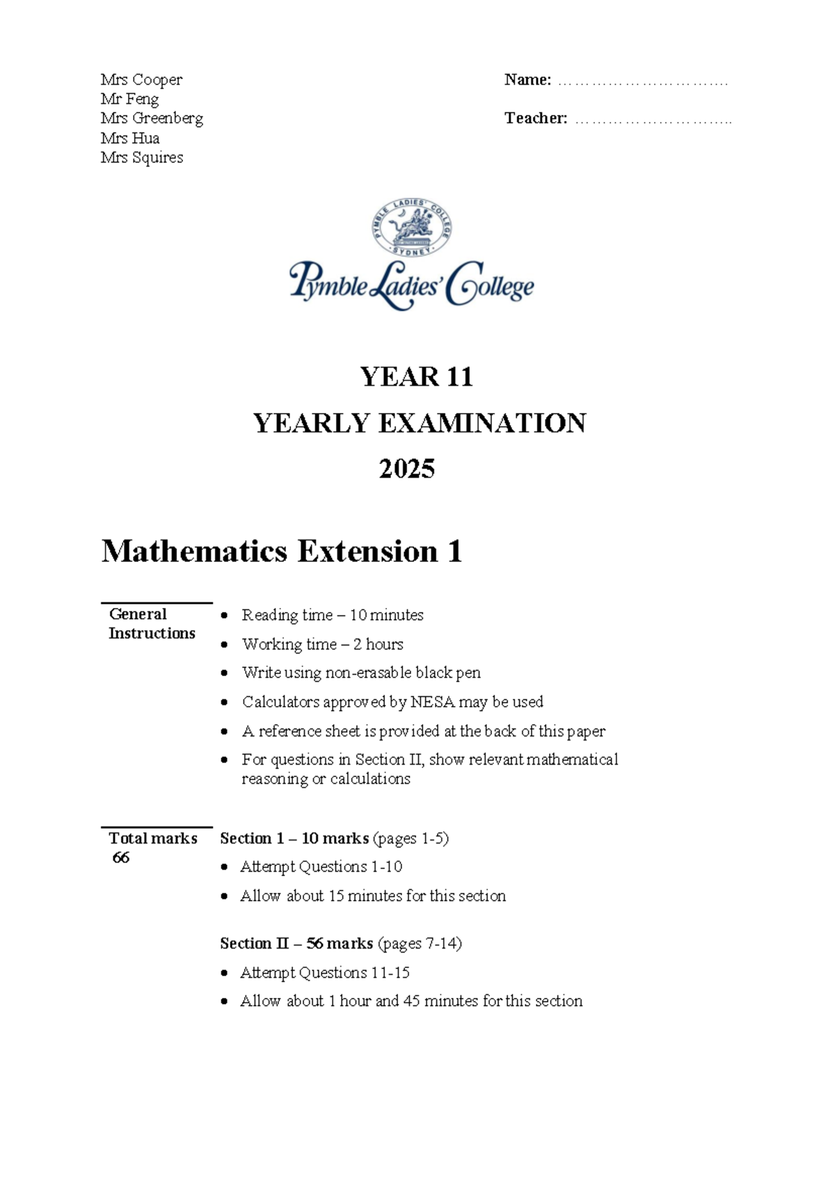 11 Extn1 Yearly Exam 2025 Mathematics Extension 1 Question Booklet ...