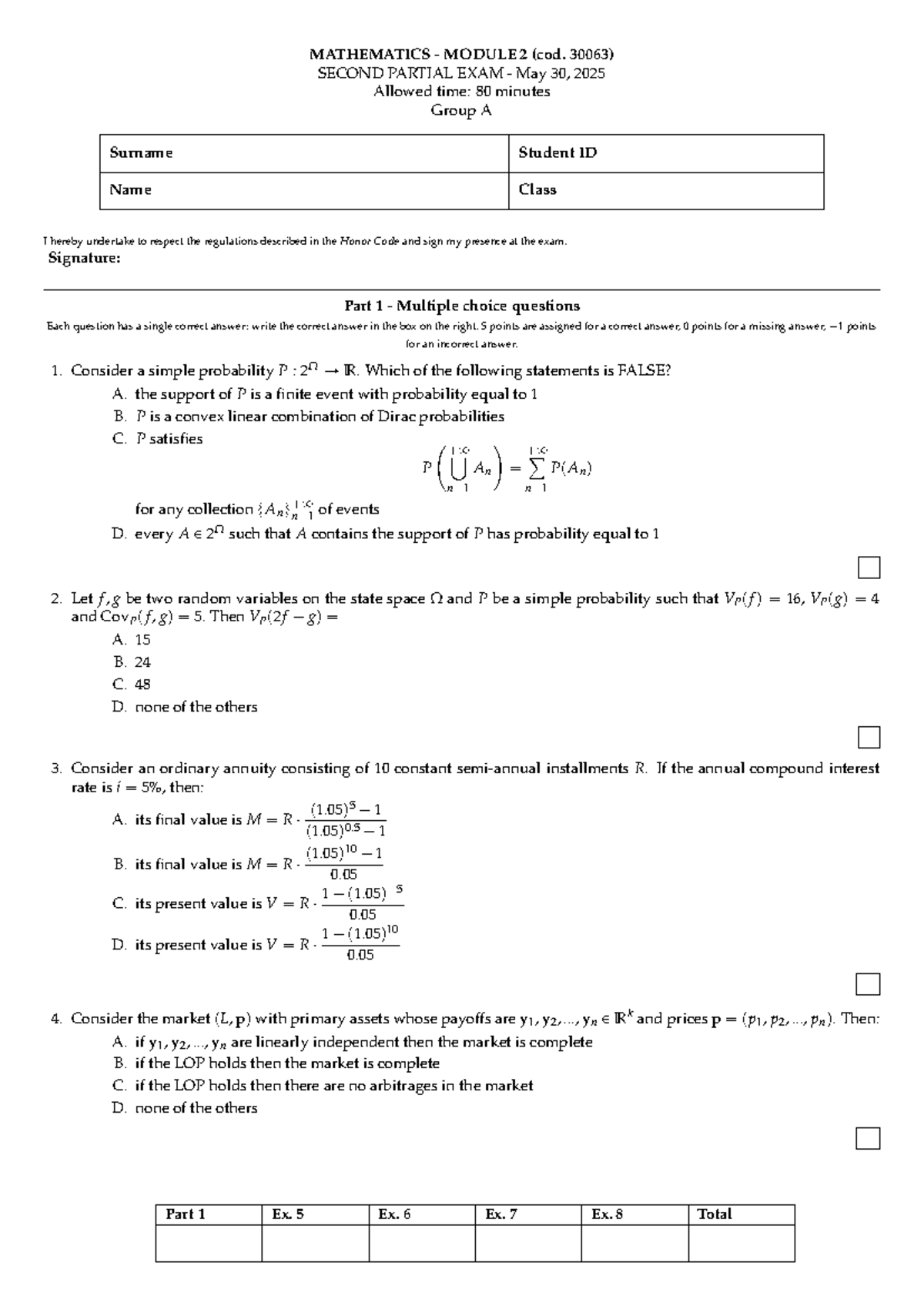 MATHEMATICS MODULE 2 (cod. 30063) SECOND PARTIAL EXAM - May 30, 2025 ...