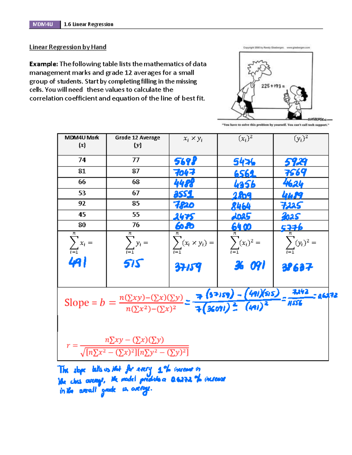 MDM4U 1.6 Linear Regression by Hand: Calculating Best Fit Line - Studocu