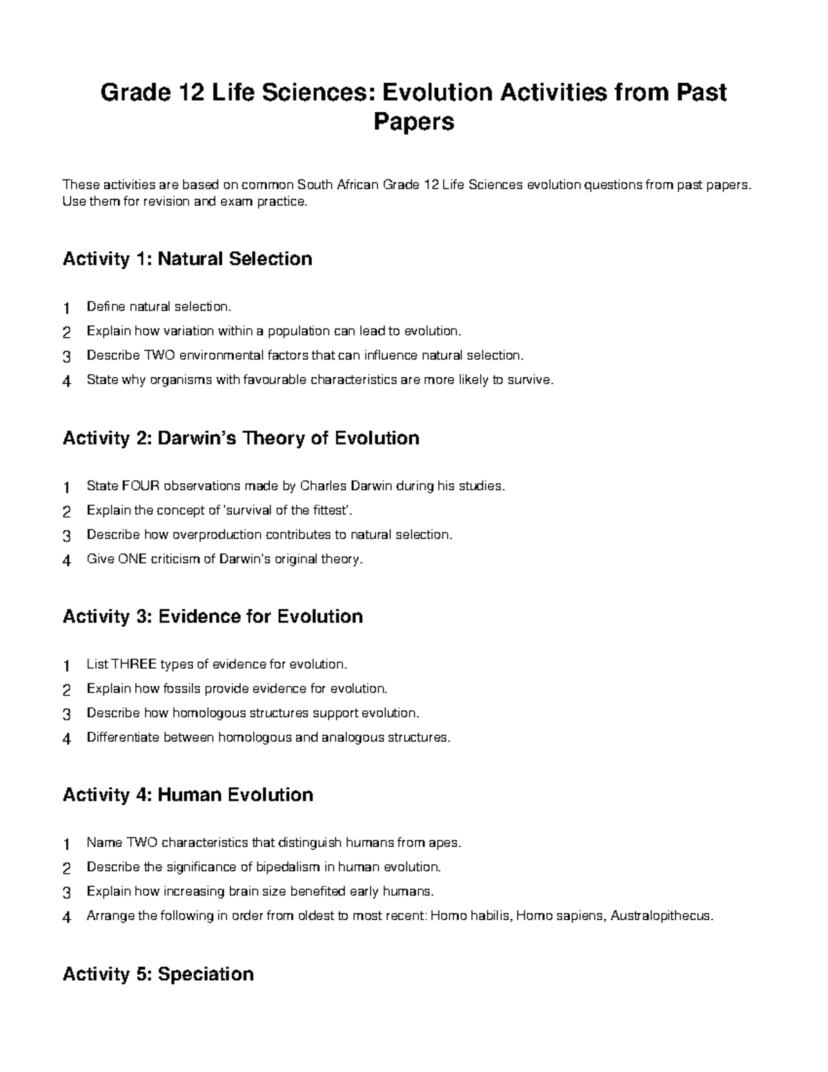Grade 12 Life Sciences: Evolution Activities for Exam Prep - Studocu