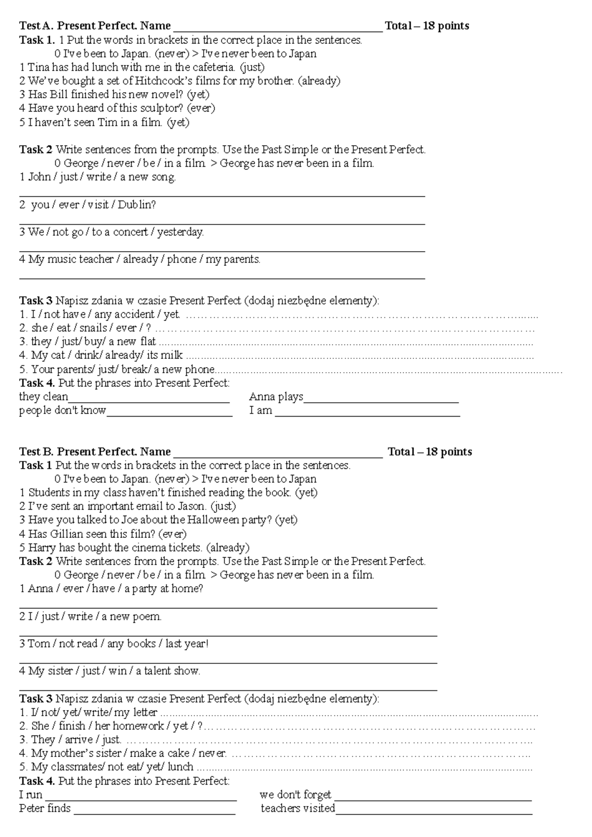 Present perfect test - Test A. Present Perfect. Name ...