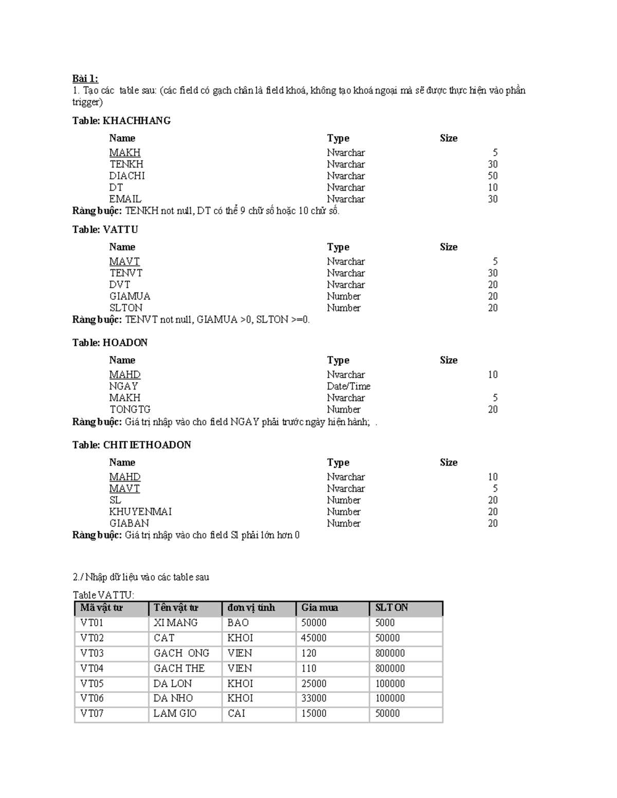 QLVT - Database Table Creation and Data Insertion Guide - Studocu