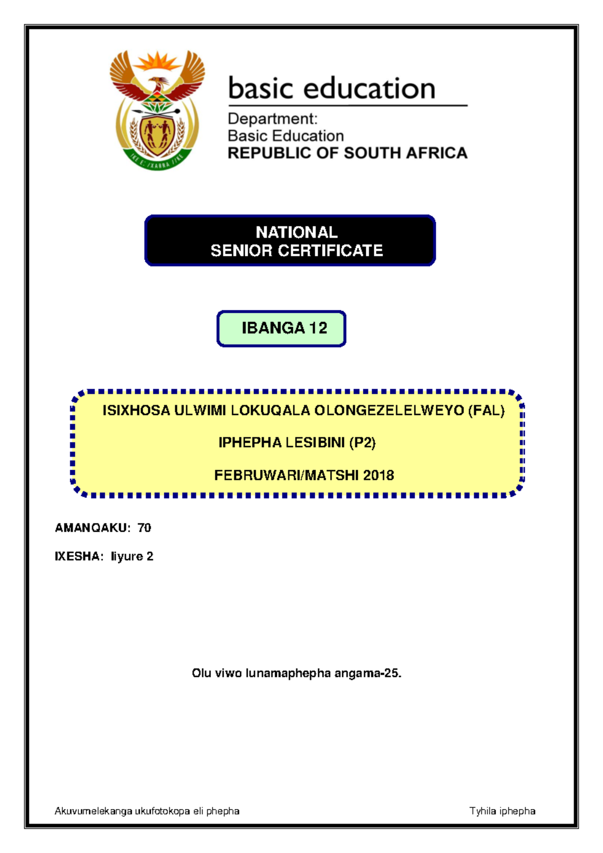Isi Xhosa FAL P2 Final Exam Questions February-March 2018 - Studocu