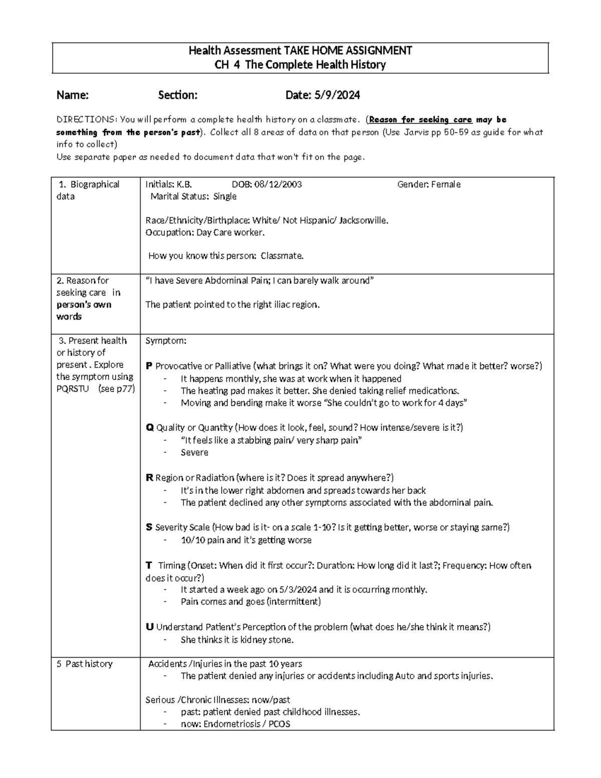 Jarvis Health History Assignment: Complete Assessment & Findings - Studocu