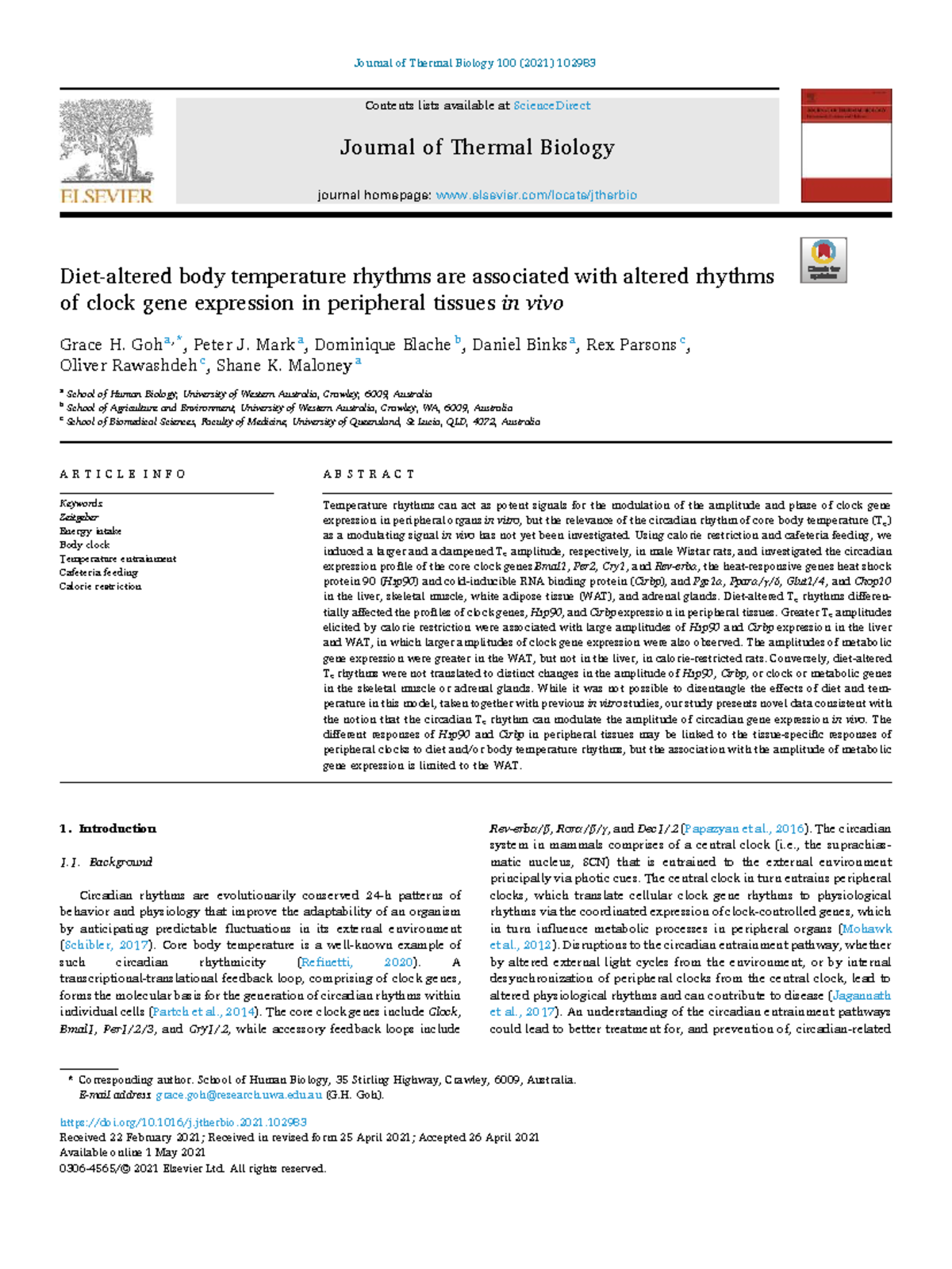 Body Temperature Rhythms and Clock Gene Expression in Rats (THB 100 ...