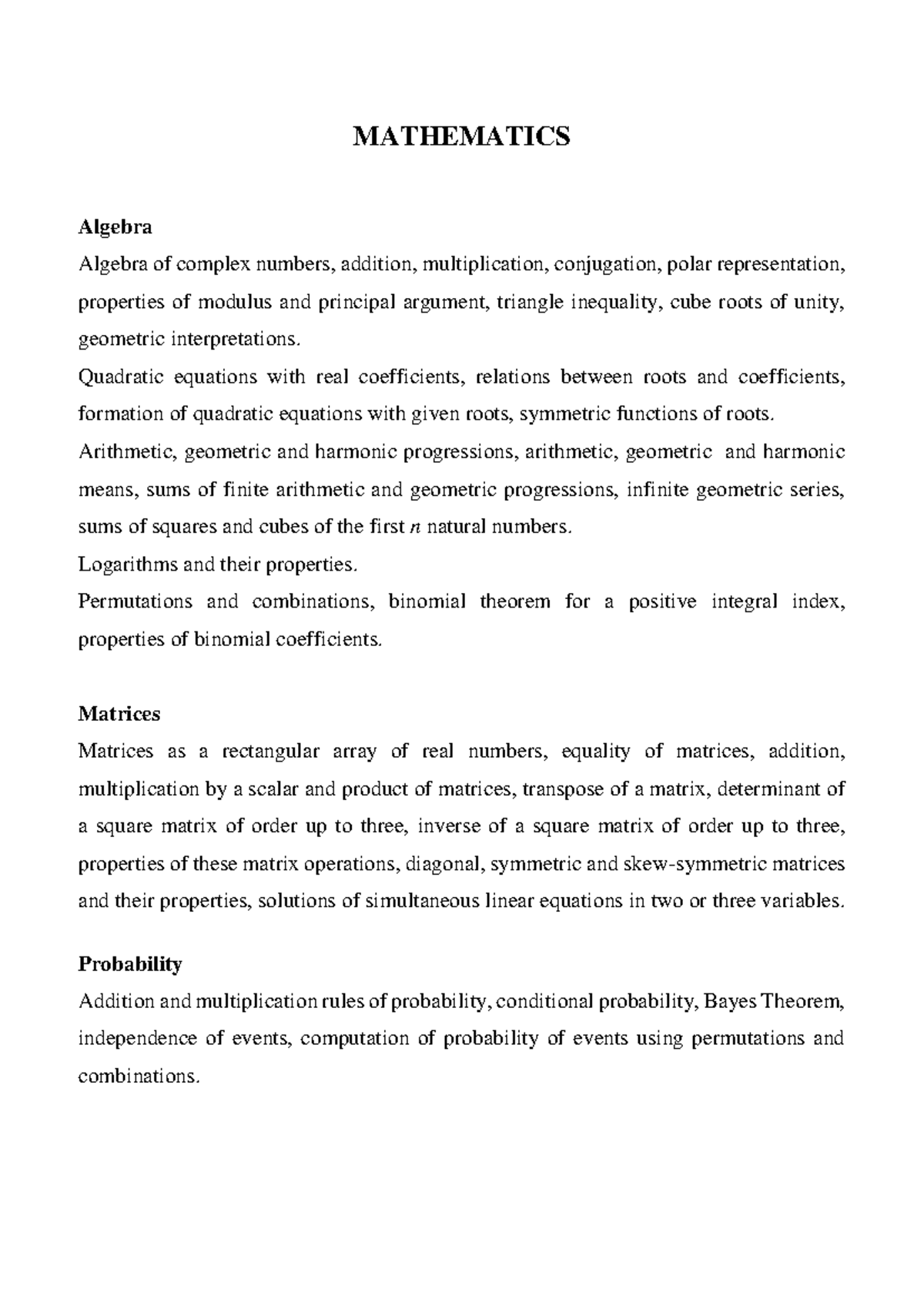 Mathematics Syllabus: Comprehensive Overview of Topics Covered - Studocu