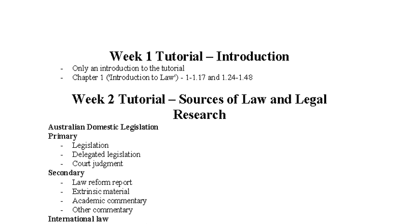 Foundations of Law Tutorial: Week 1 to Week 11 Overview - Studocu