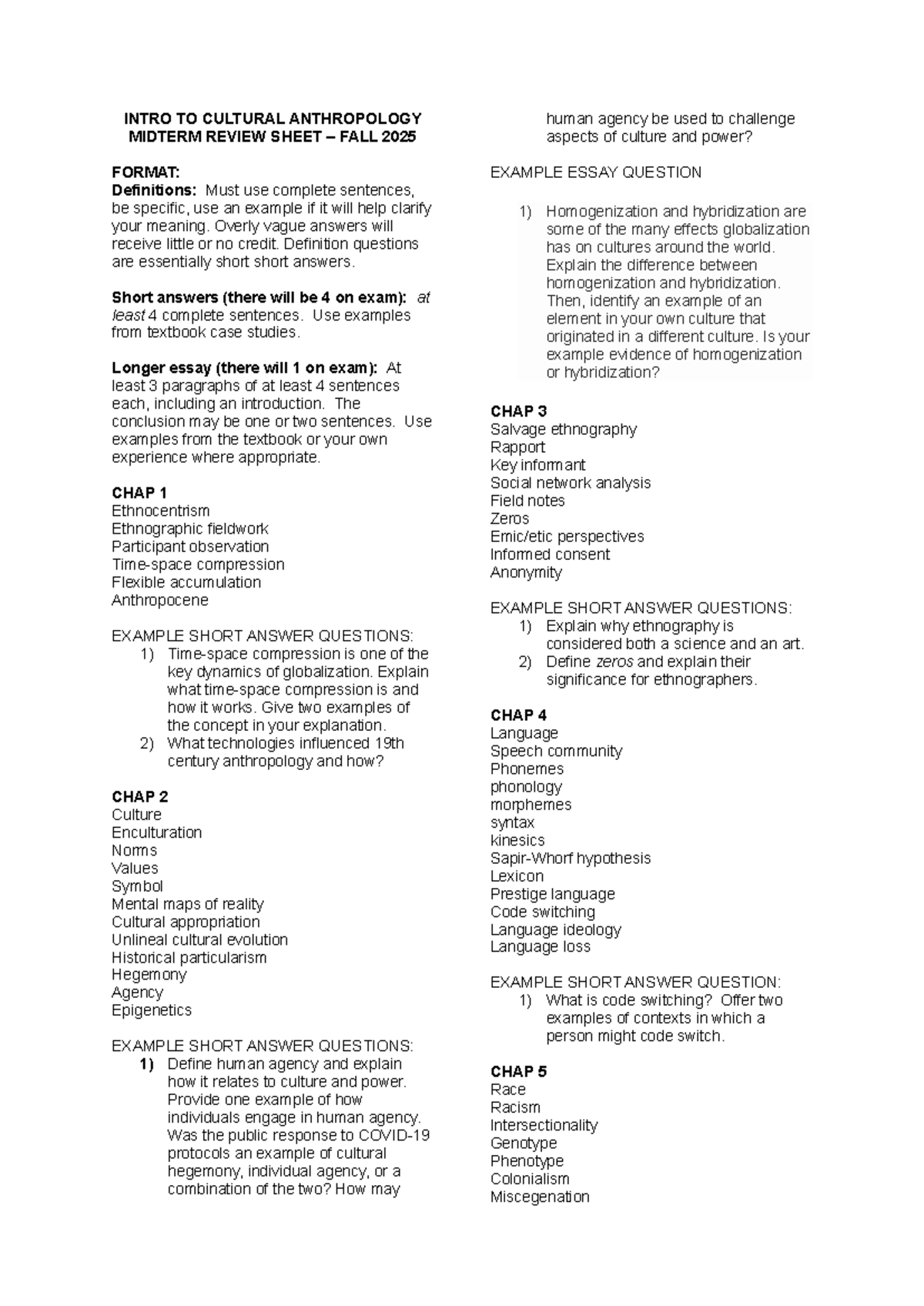 Cultural Anthropology 101 Midterm Review Sheet - Fall 2025 - Studocu