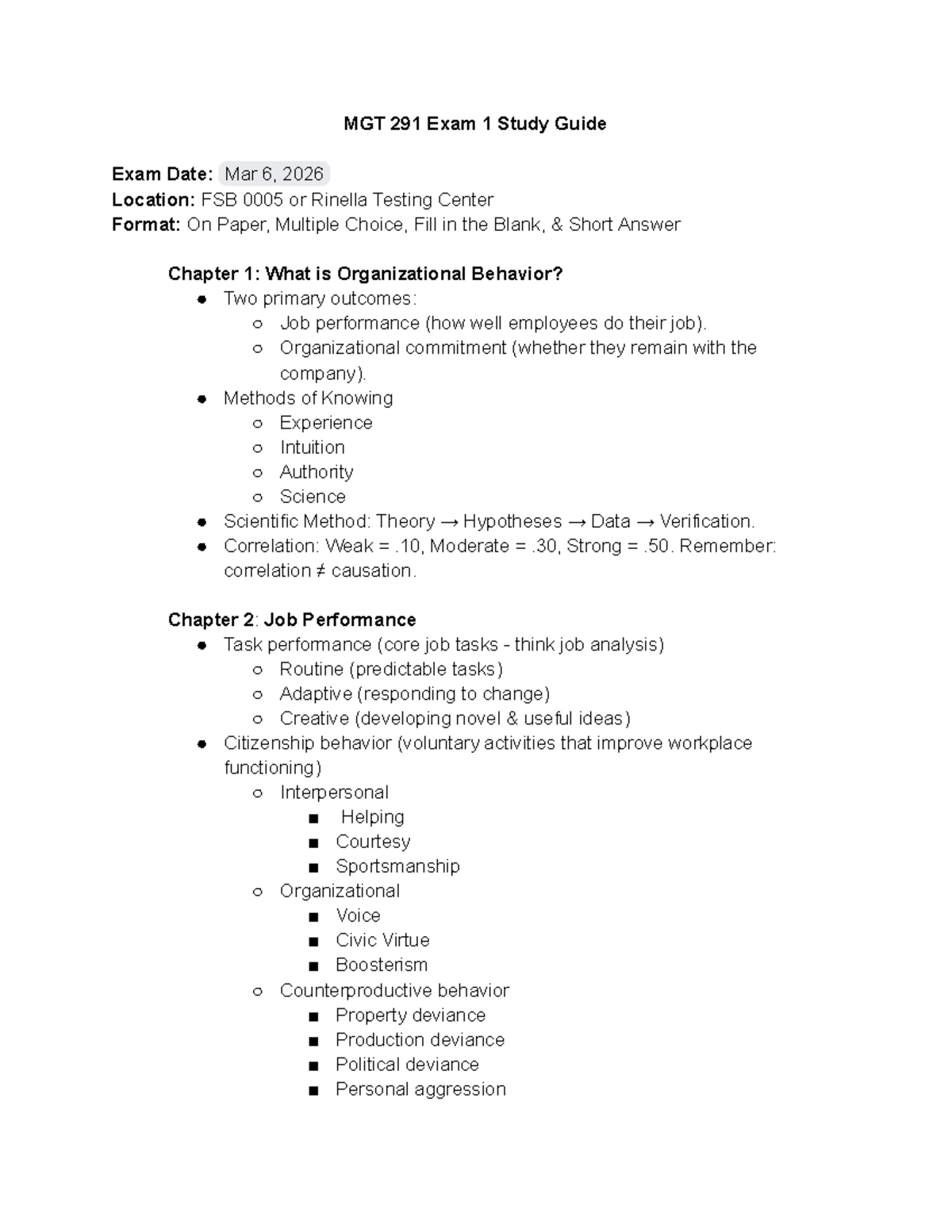 MGT 291 Exam 1 Study Guide - Studocu