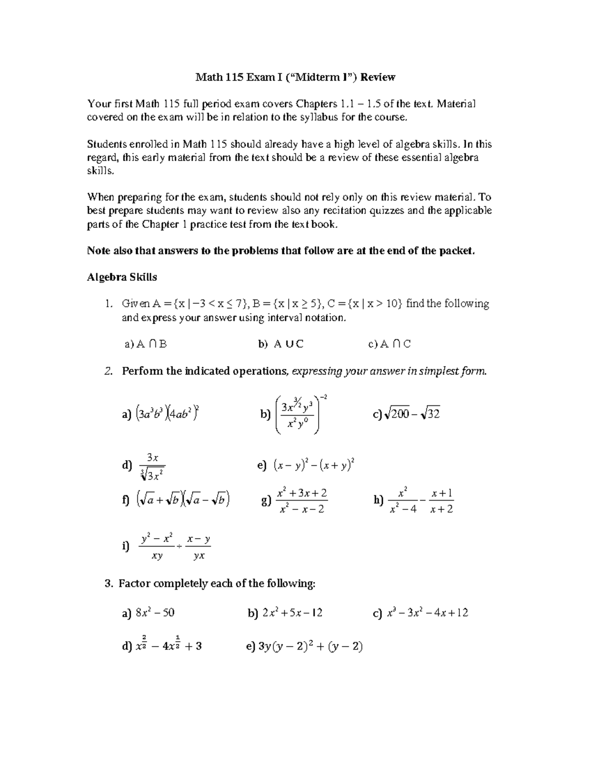 Math 115 Midterm Exam I Review Exercises Fall 2022 - Studocu