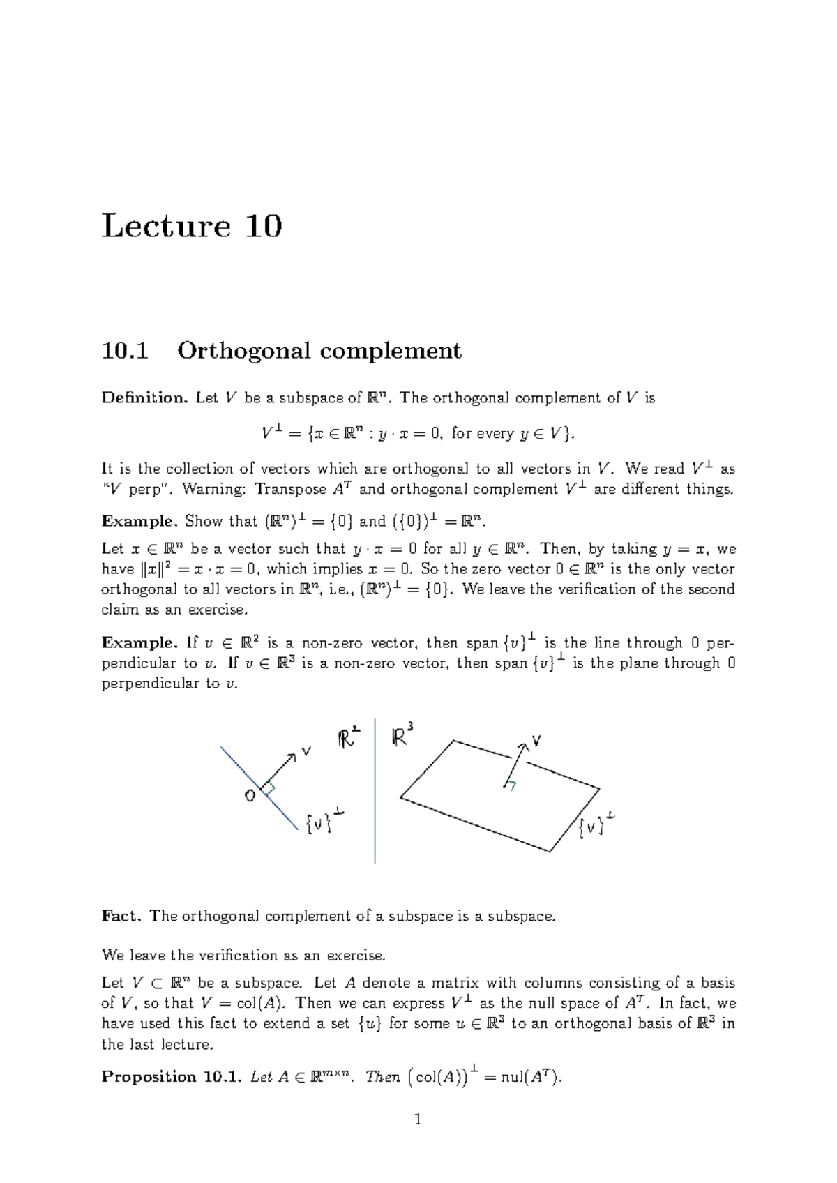 Lecture 10: Orthogonal Complement and Projection in Rn - Studocu