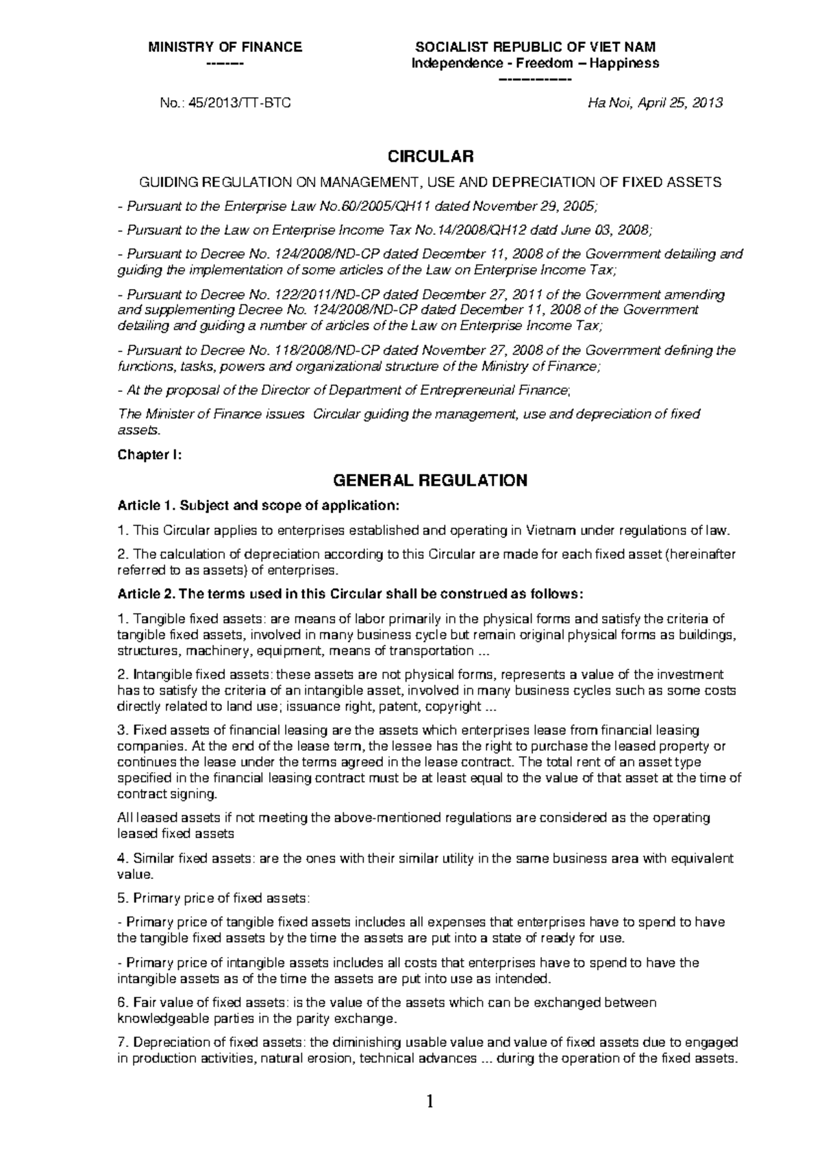 Circular No. 45/2013/TT-BTC on Fixed Asset Management & Depreciation ...