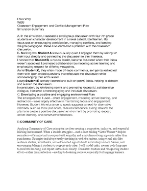 D661 Classroom Engagement & Conflict Management Plan Summary - Studocu