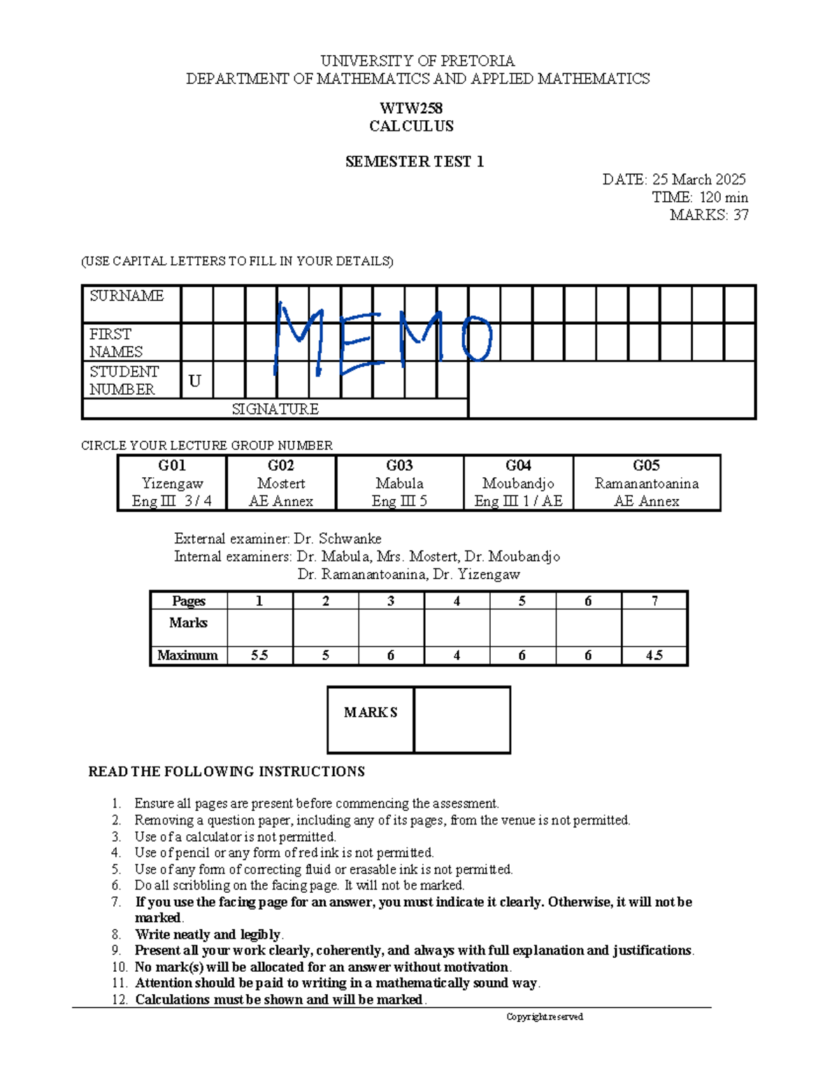 Memo ST1 - Calculus Semester Test 1 Guidelines and Questions - Studocu