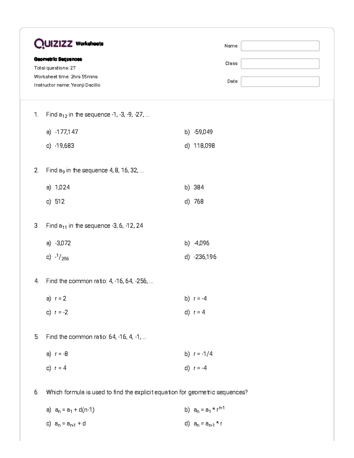 Geometric Sequences Quizizz: 27 Questions for Practice - Studocu