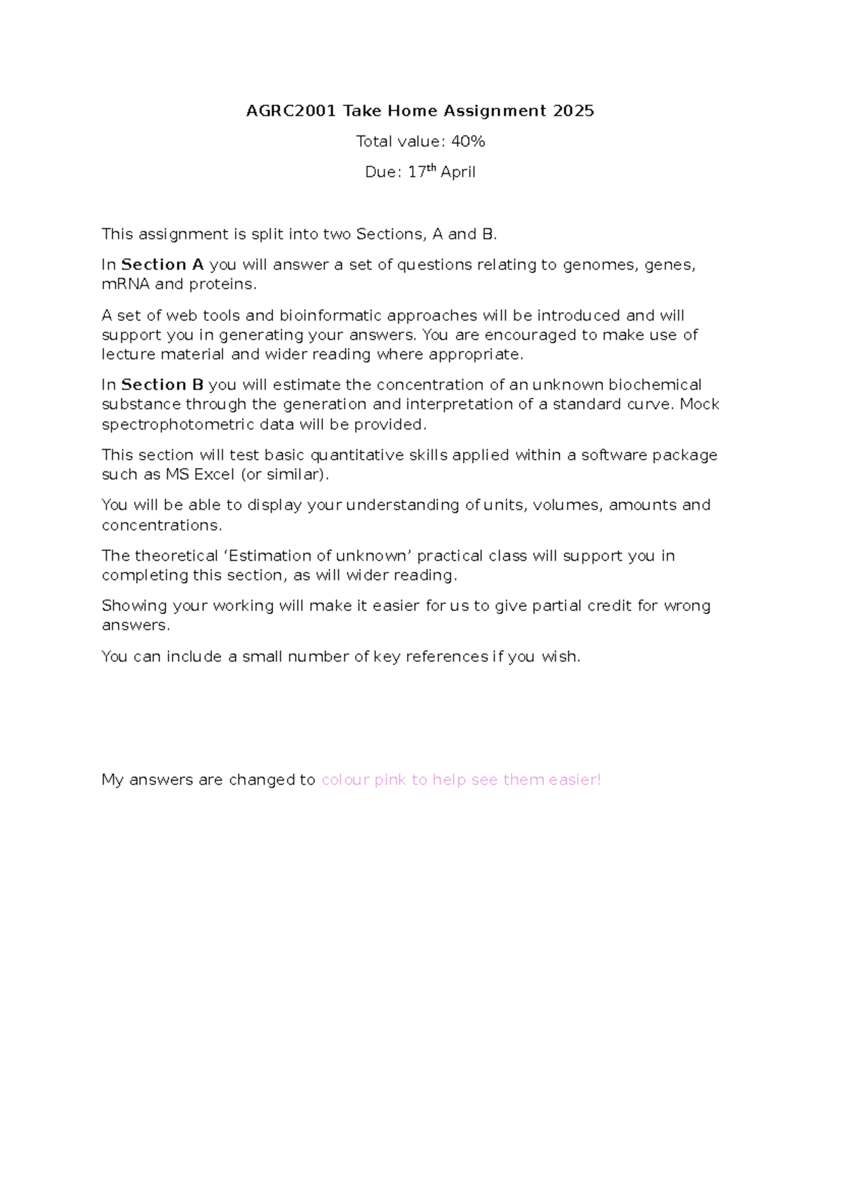 AGRC2001 Take Home Assignment 2025: Genomic Analysis & Biochemical ...