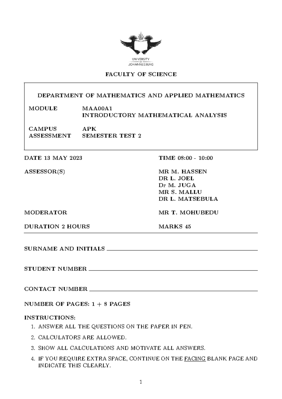 MAA00A Semester Test 2 Memo: Introductory Math Analysis - Studocu