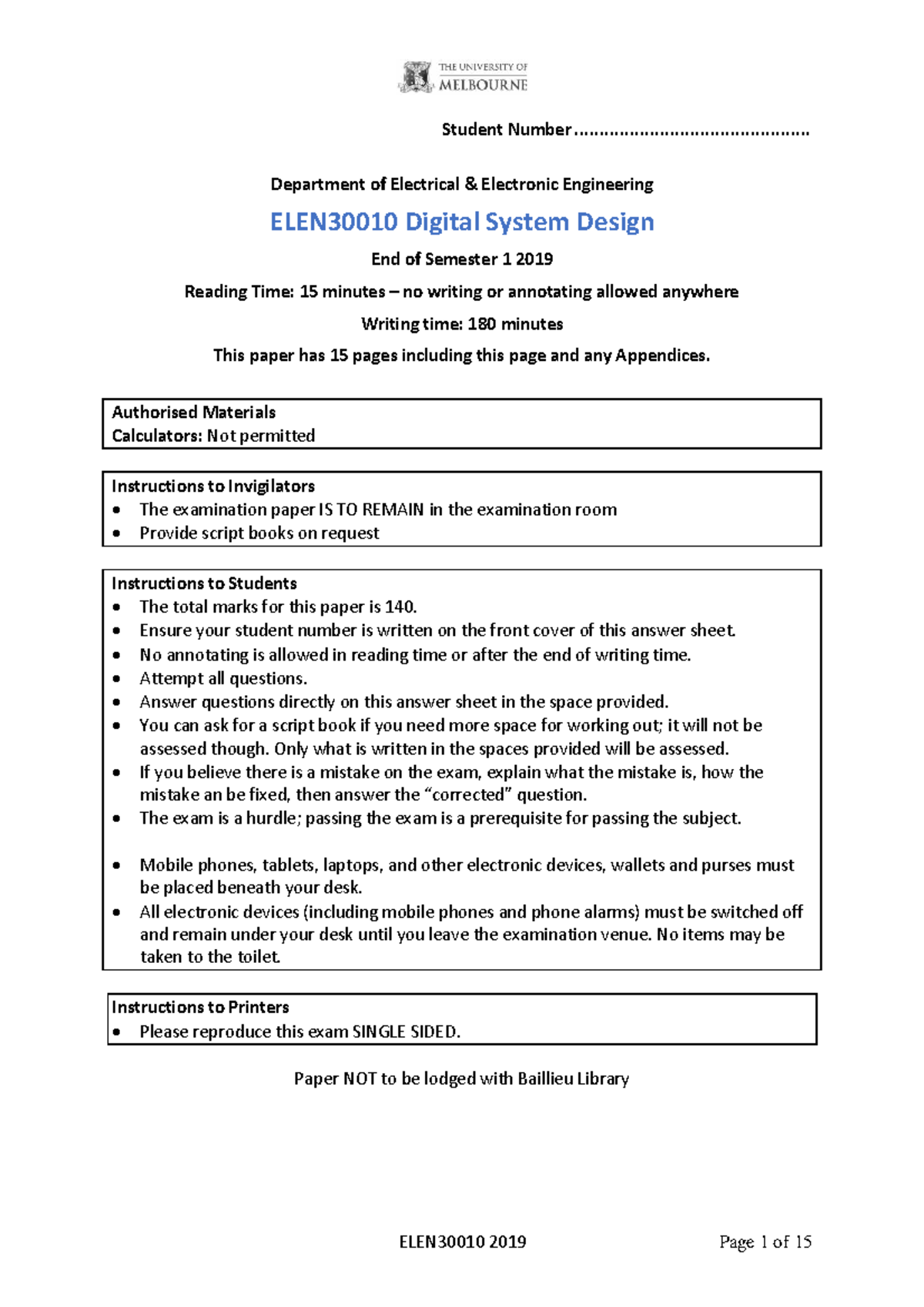 ELEN30010 Digital System Design Exam Paper - Semester 1, 2019 - Studocu