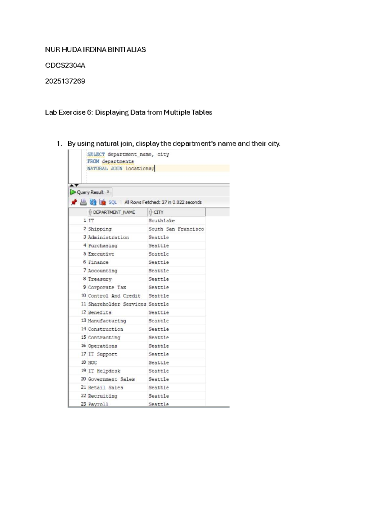 Lab Exercise 6: Displaying Data from Multiple Tables (CDCS2304A) - Studocu