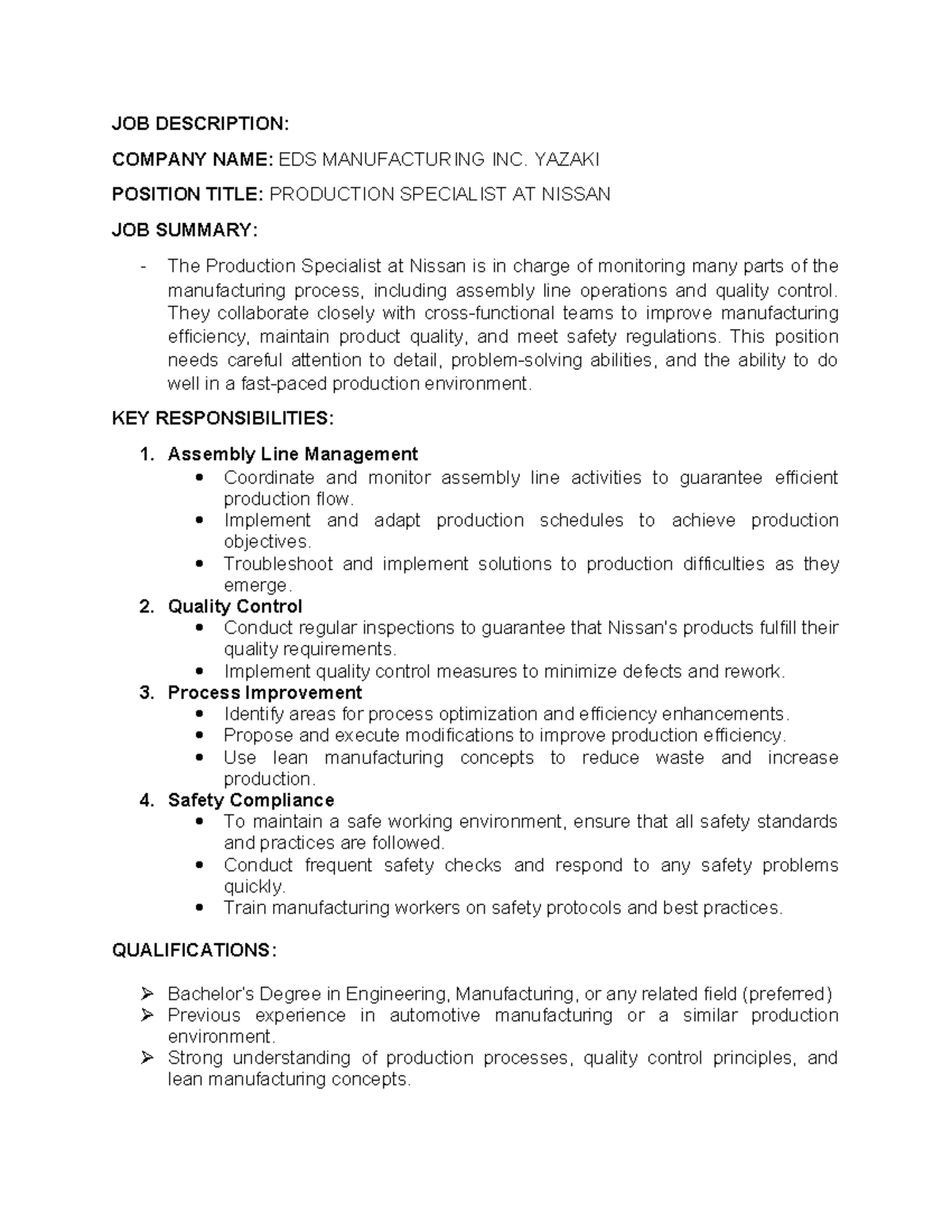 Job Description: Production Specialist at Nissan - EDS Mfg Inc. - Studocu