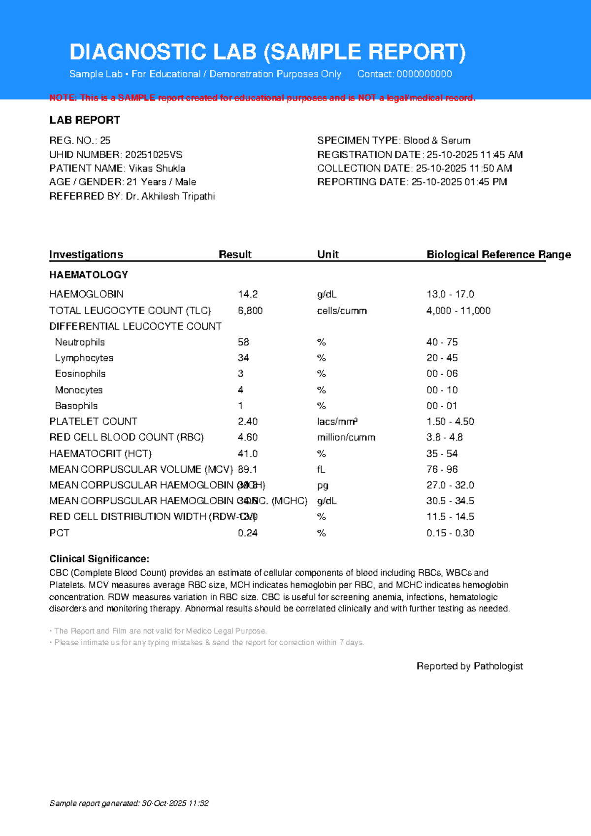 Sample CBC Report for Vikas Shukla (Lab Report) - Studocu