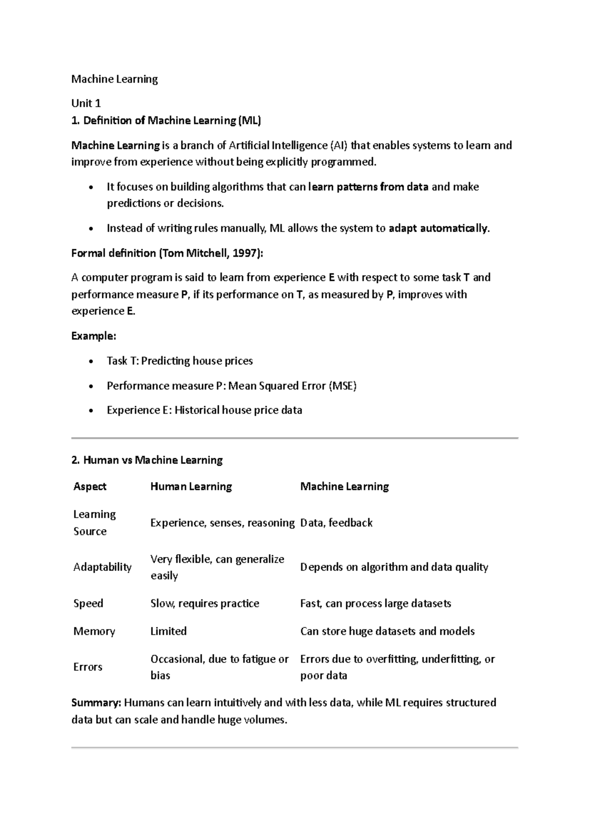 Machine Learning - ML Unit 1 & 2 Comprehensive Notes - Studocu