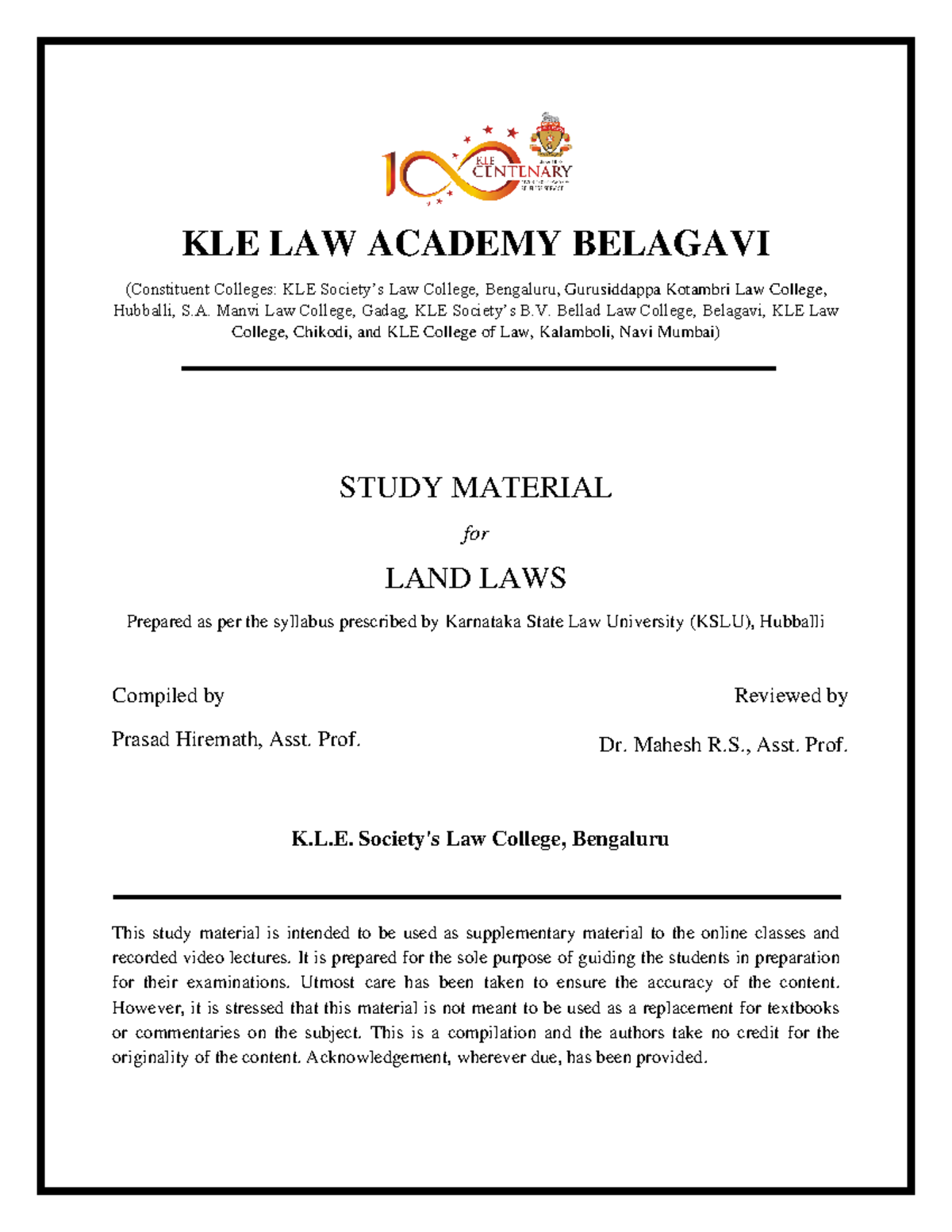 Land Laws (KSLU) - Comprehensive Study Notes for Students - Studocu