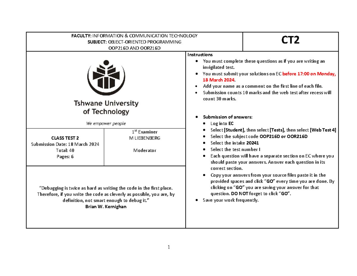 CT2 class test 2: Object oriented programming for OOP216D and OOR216D ...