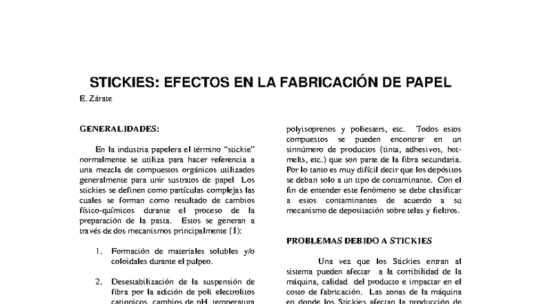 Efectos de Stickies en la Fabricación de Papel: Análisis y Control ...