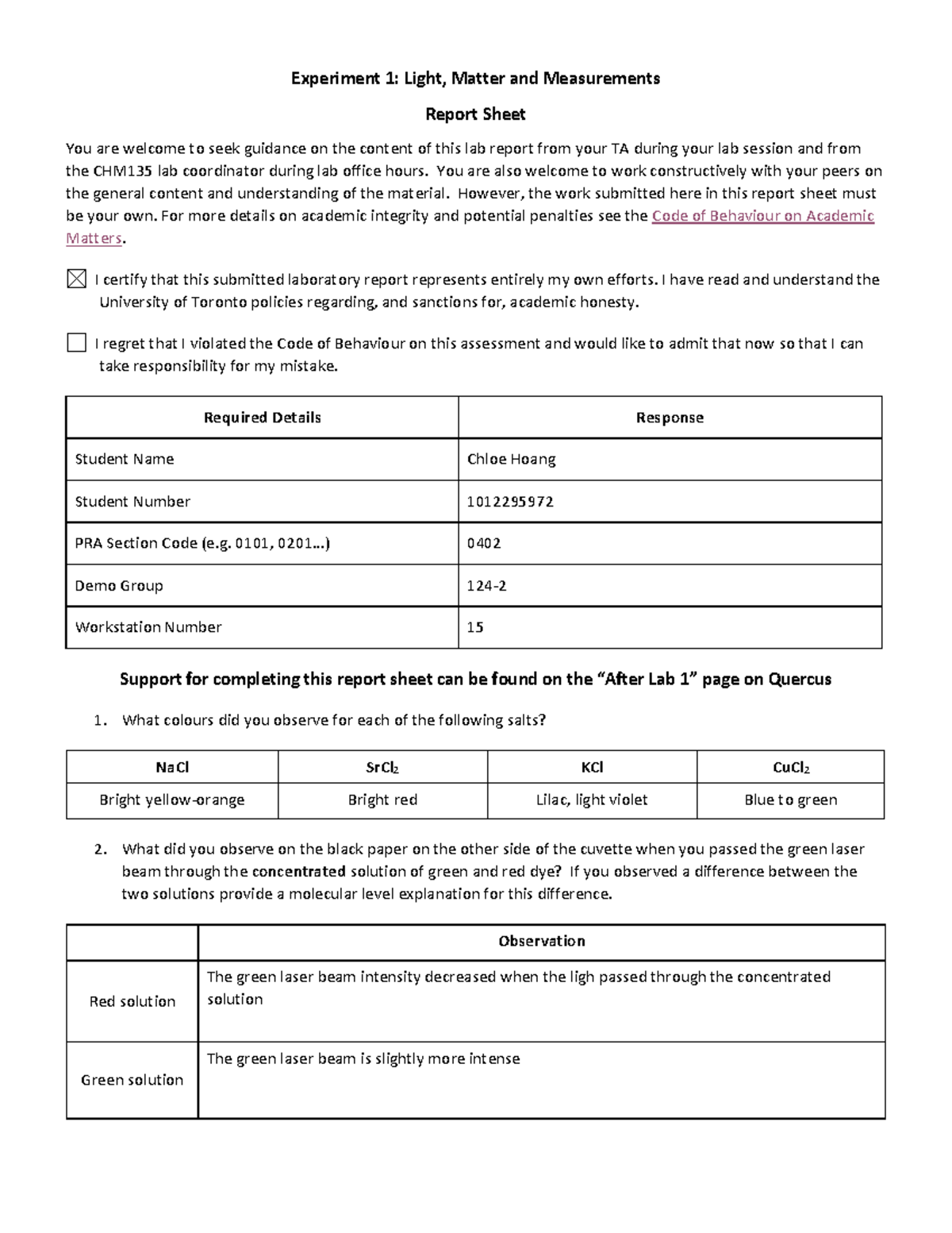CHM135 Lab 1: Light, Matter & Measurements Report Sheet - Studocu