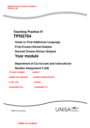 TPN2601 Teaching Practice Portfolio for Intermediate Phase (Grades