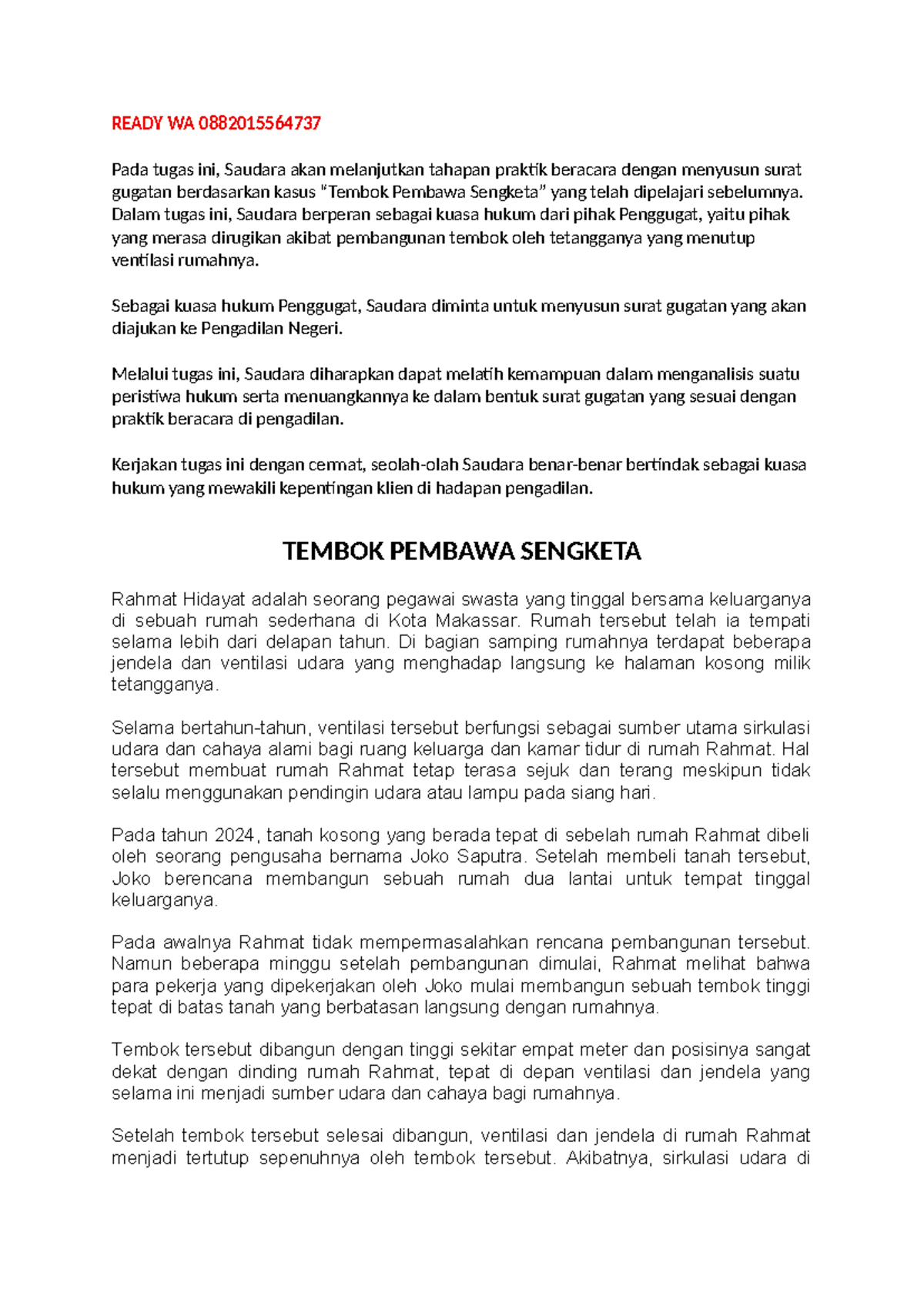 Surat Gugatan Kasus Tembok Pembawa WA 0882015564737 - Document Preview