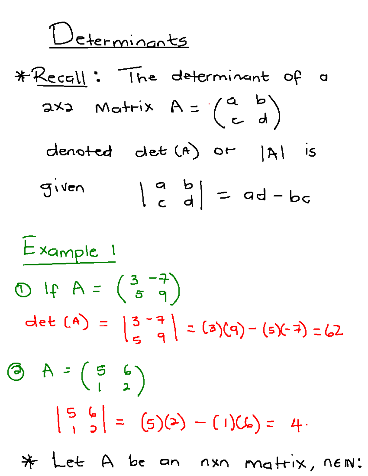 Determinants: Understanding 2x2 and nxn Matrices (MATH 101) - Studocu
