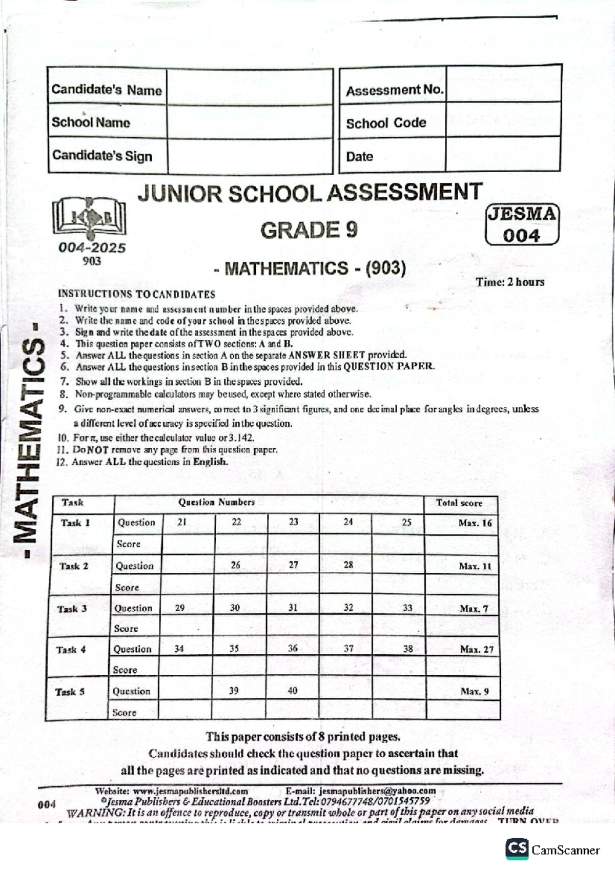 Grade 9 Mathematics Assessment (903) - Junior School Exam - Studocu